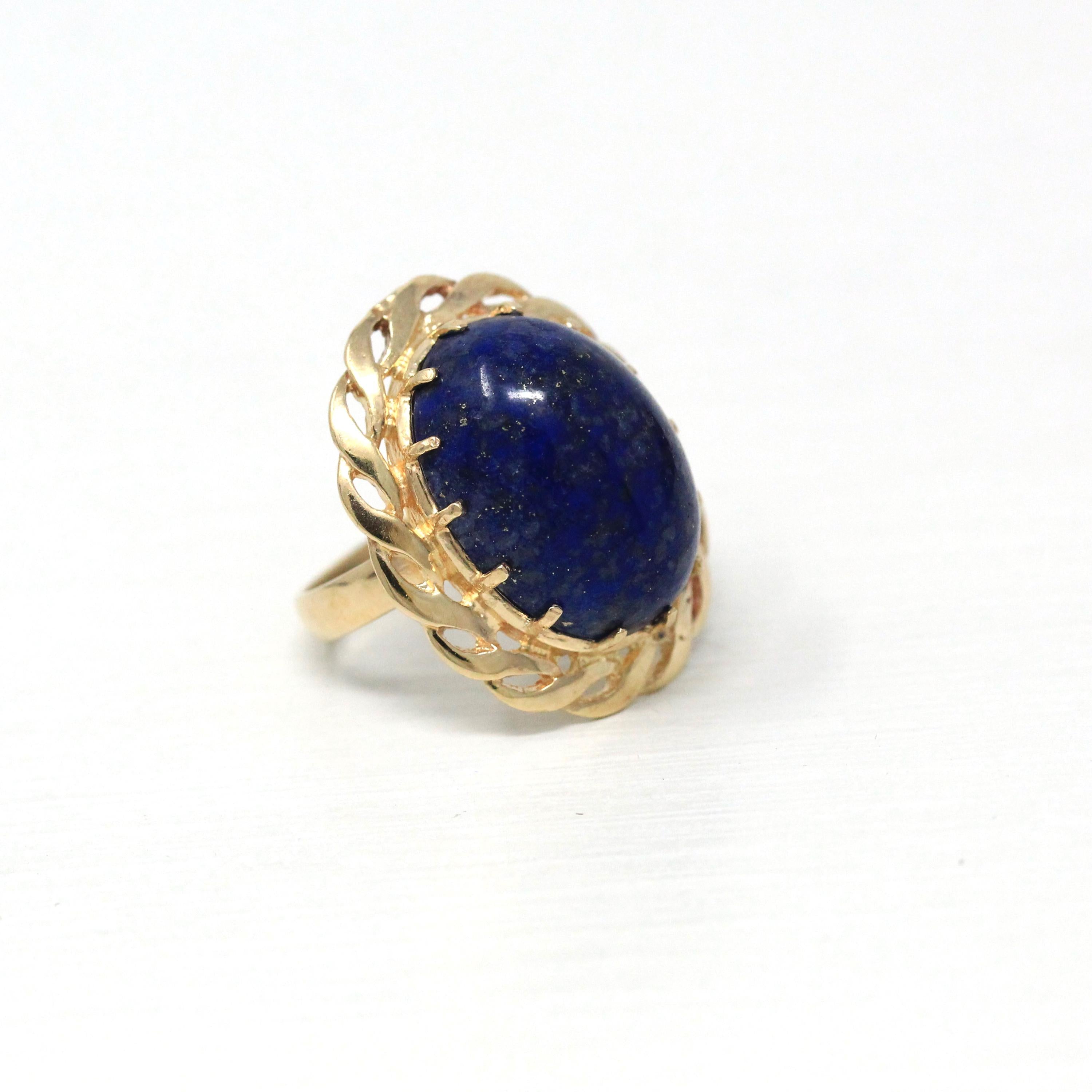 Lapis Lazuli Ring - Vintage 14k Yellow Gold Dark Blue Oval Cabochon Cut Prong Set Statement - Retro Circa 1970s Size 4 Braided Fine Jewelry