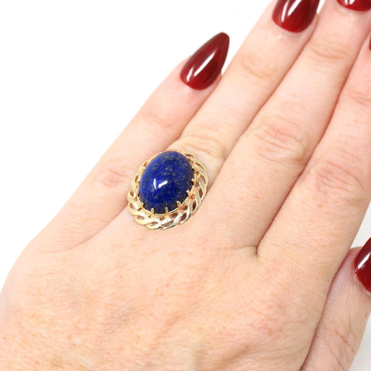 Lapis Lazuli Ring - Vintage 14k Yellow Gold Dark Blue Oval Cabochon Cut Prong Set Statement - Retro Circa 1970s Size 4 Braided Fine Jewelry