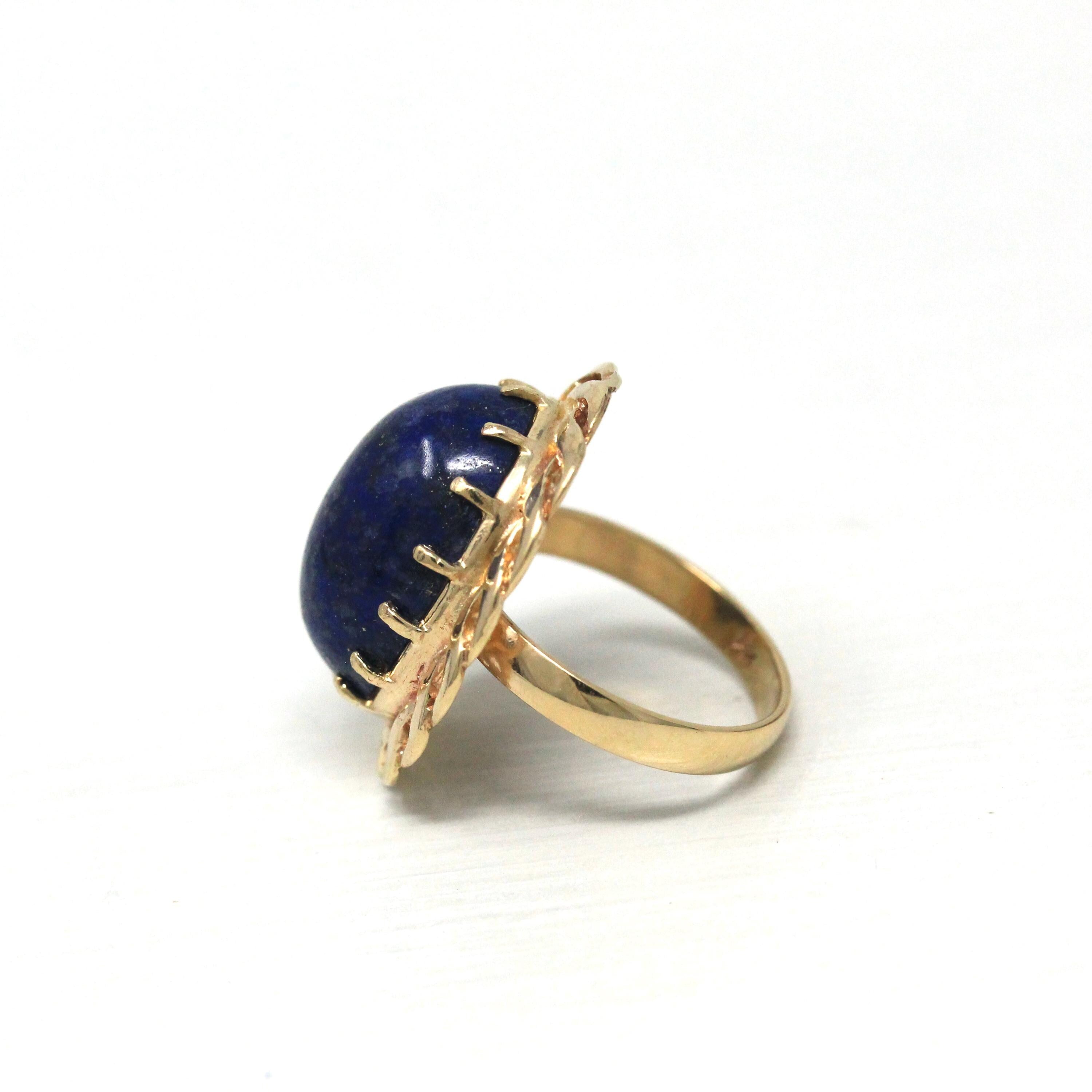 Lapis Lazuli Ring - Vintage 14k Yellow Gold Dark Blue Oval Cabochon Cut Prong Set Statement - Retro Circa 1970s Size 4 Braided Fine Jewelry