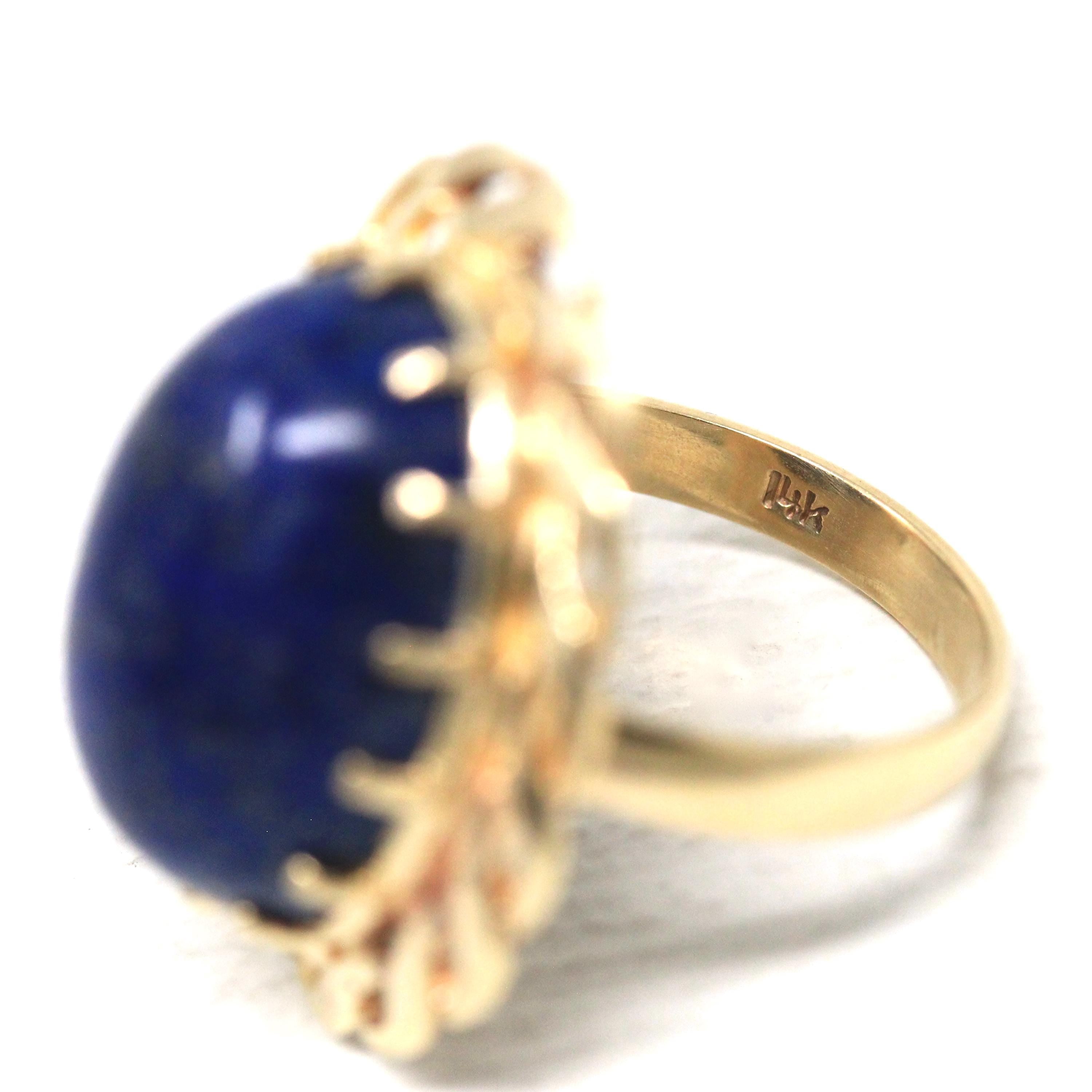 Lapis Lazuli Ring - Vintage 14k Yellow Gold Dark Blue Oval Cabochon Cut Prong Set Statement - Retro Circa 1970s Size 4 Braided Fine Jewelry