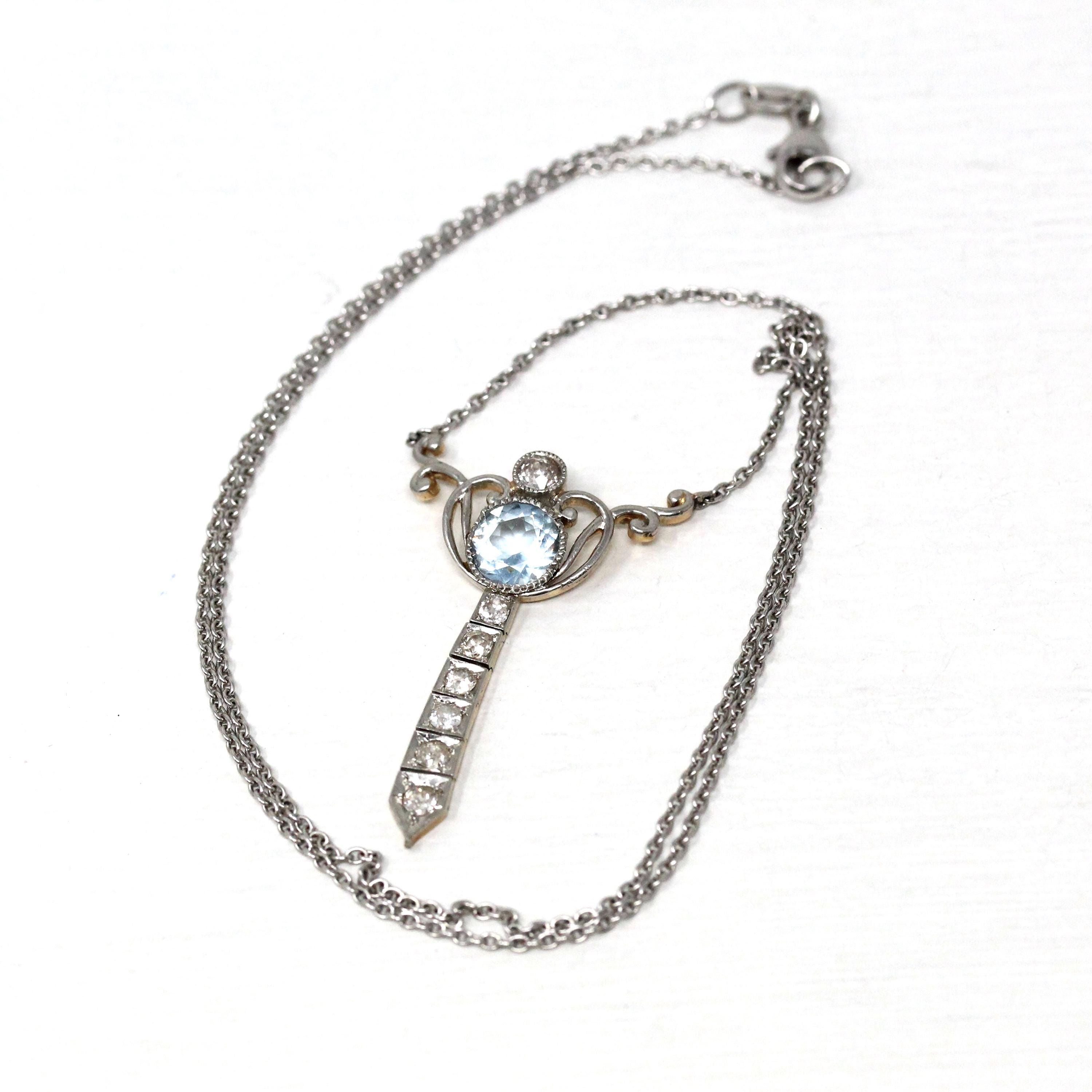 Edwardian Lavalier Necklace - Antique Platinum and 14k Yellow Gold Genuine Blue Aquamarine & Diamond Pendant - Circa 1910s Era Fine Jewelry