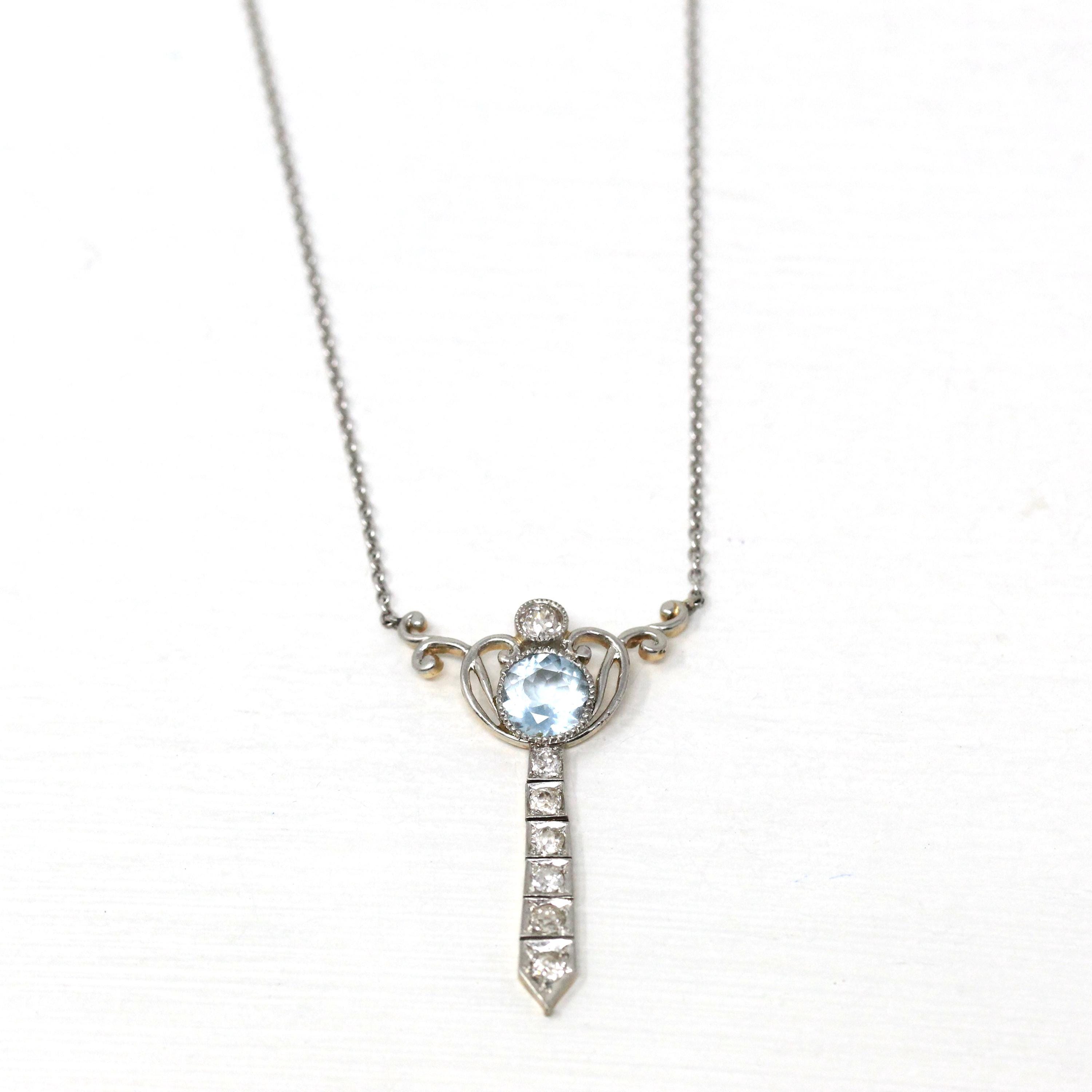 Edwardian Lavalier Necklace - Antique Platinum and 14k Yellow Gold Genuine Blue Aquamarine & Diamond Pendant - Circa 1910s Era Fine Jewelry