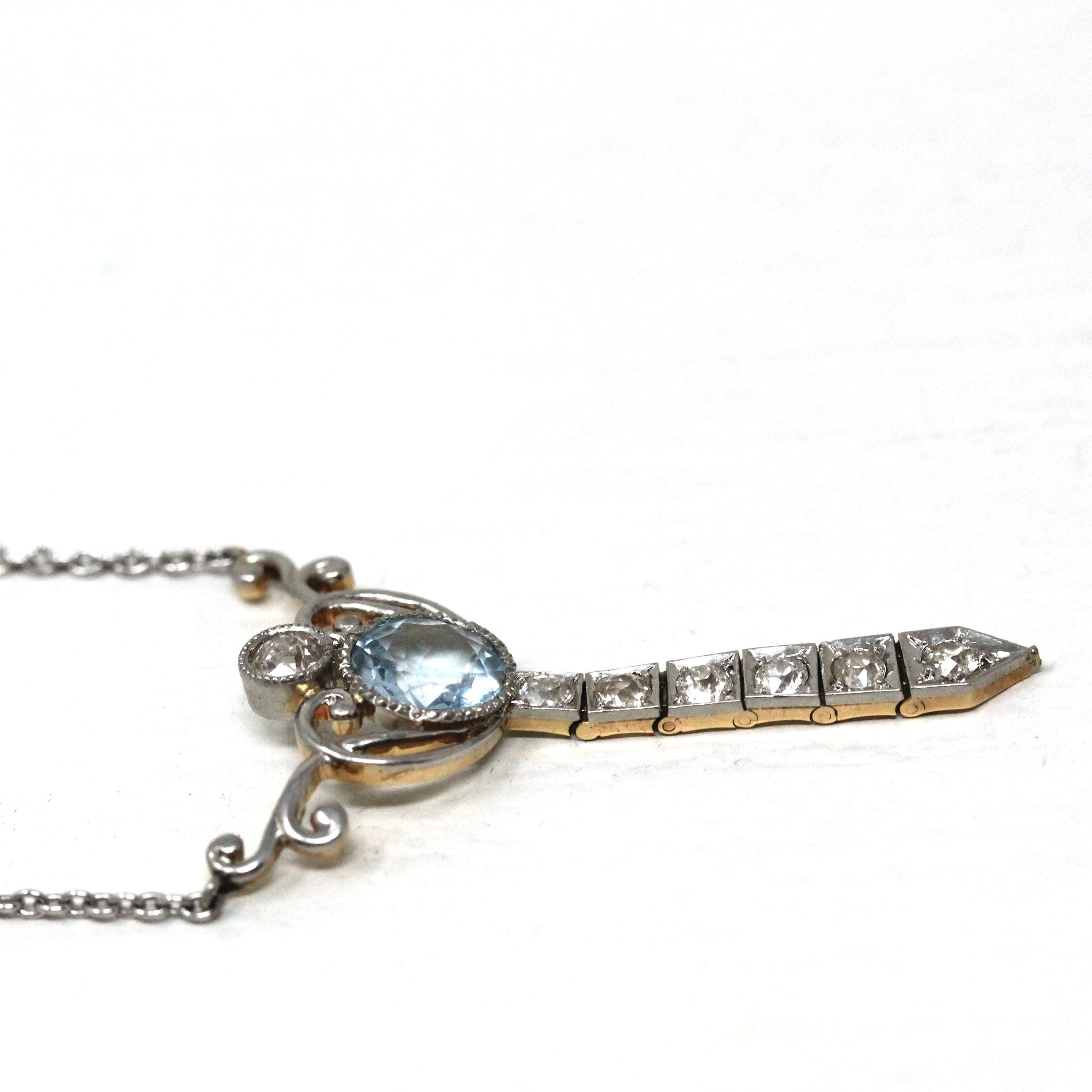 Edwardian Lavalier Necklace - Antique Platinum and 14k Yellow Gold Genuine Blue Aquamarine & Diamond Pendant - Circa 1910s Era Fine Jewelry