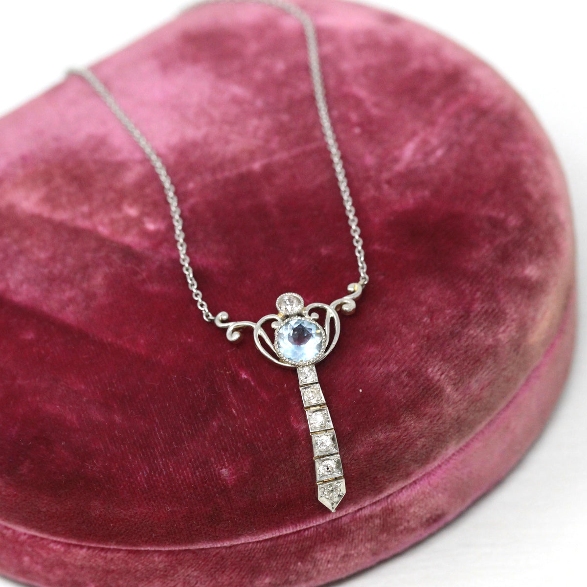 Edwardian Lavalier Necklace - Antique Platinum and 14k Yellow Gold Natural Blue Aquamarine & Diamond Pendant - Circa 1910s Era Fine Jewelry