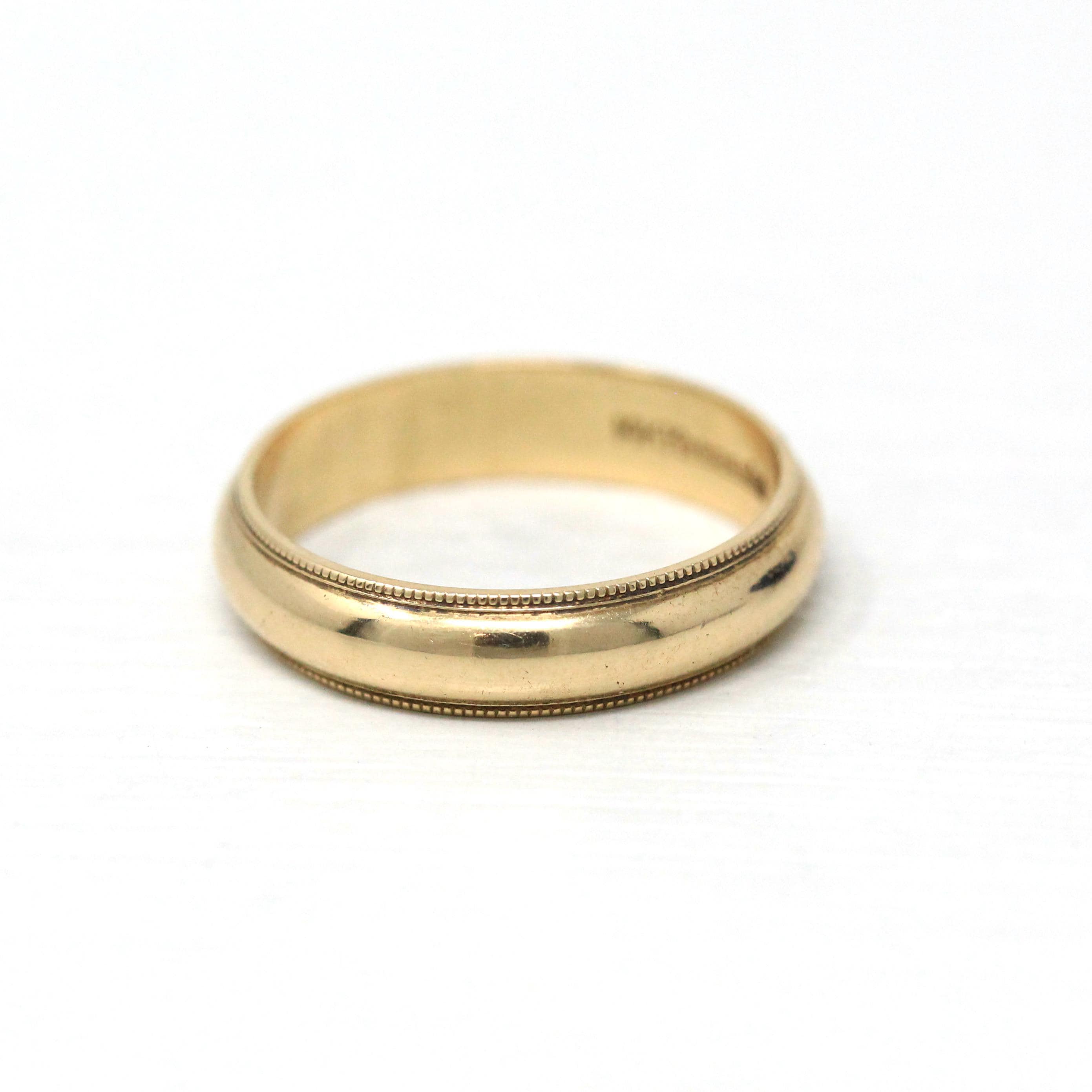 Dated 1989 Band - Modern 14k Yellow Gold Engraved "JEP to NAD 10-7-89" Ring - Estate 1980s Size 4 3/4 Wedding Unisex Milgrain Fine Jewelry