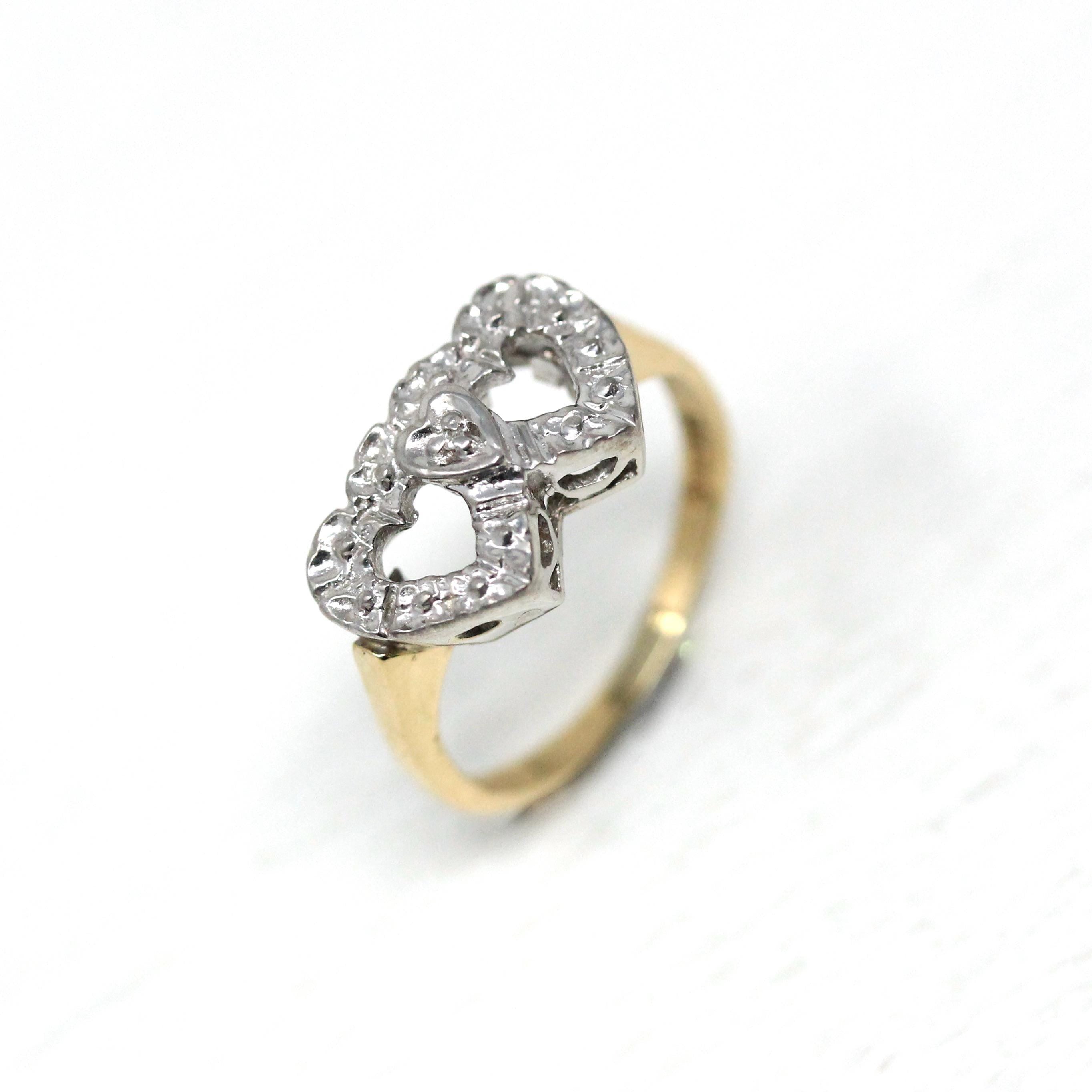 Vintage Sweetheart Ring - Mid Century 10k Yellow & White Gold Double Heart Promise Love - Circa 1950s Era Size 4 Statement Fine 50s Jewelry