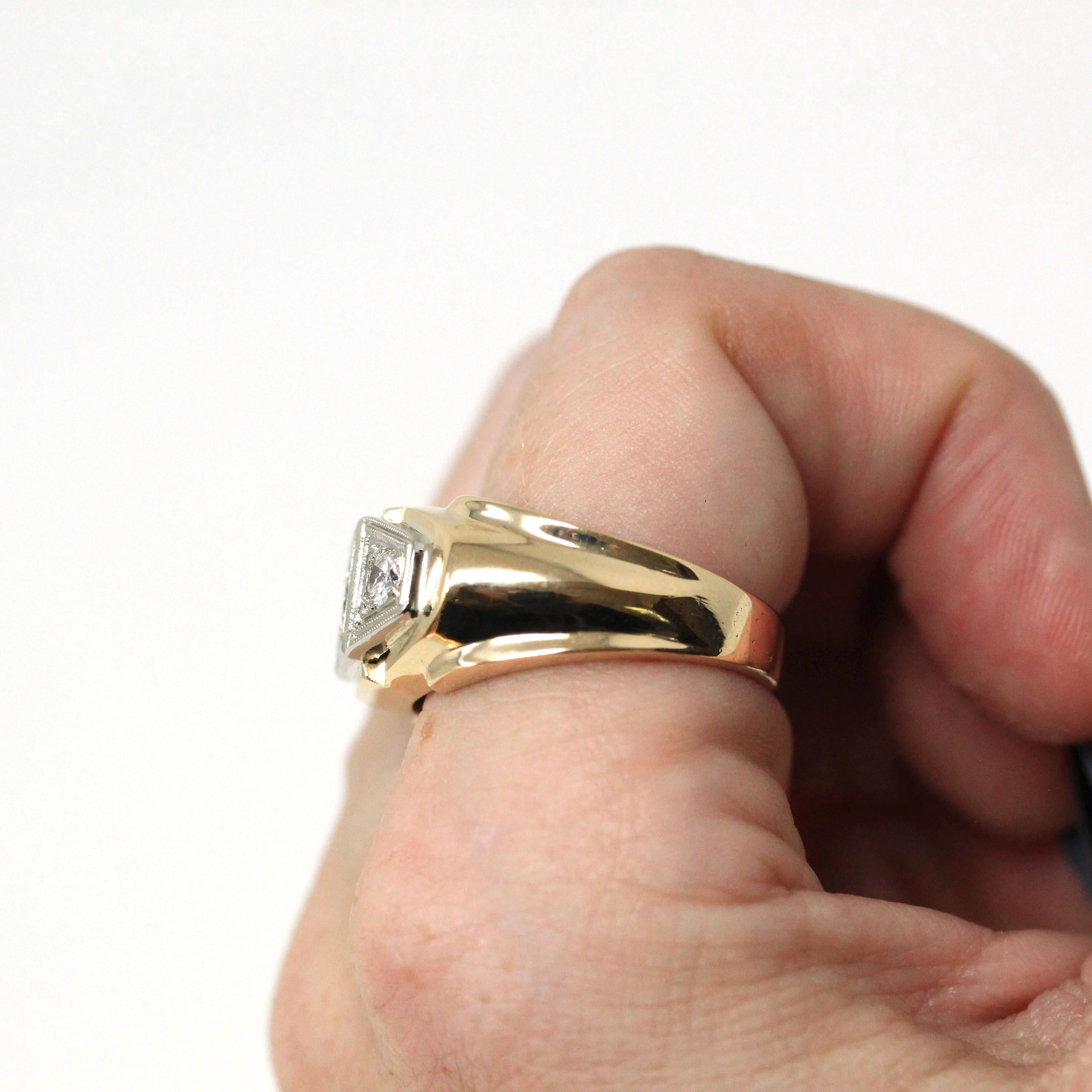 Vintage Diamond Ring - Retro 14k Yellow & White Gold Unisex Men's Two Tone Band - Circa 1960s Era Size 10 Statement Engagement Fine Jewelry