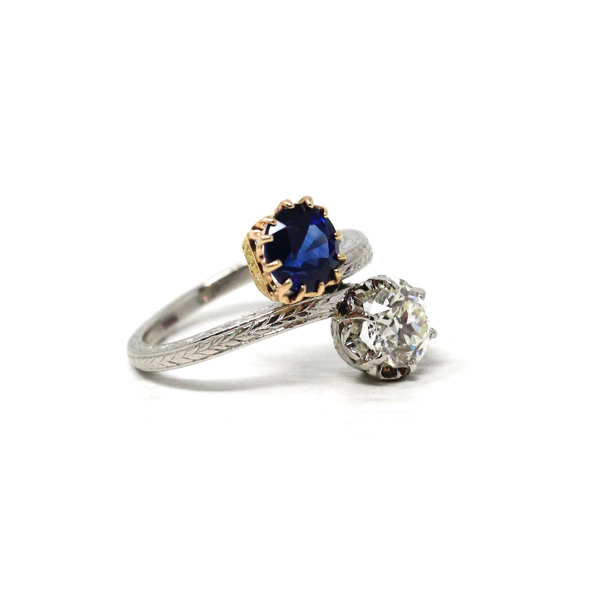 Antique Toi Et Moi Ring - Edwardian Era 18k Yellow Gold Platinum Sapphire Diamond Bypass - Vintage 1910s Size 5 1/4 Fine Jewelry w/ Report