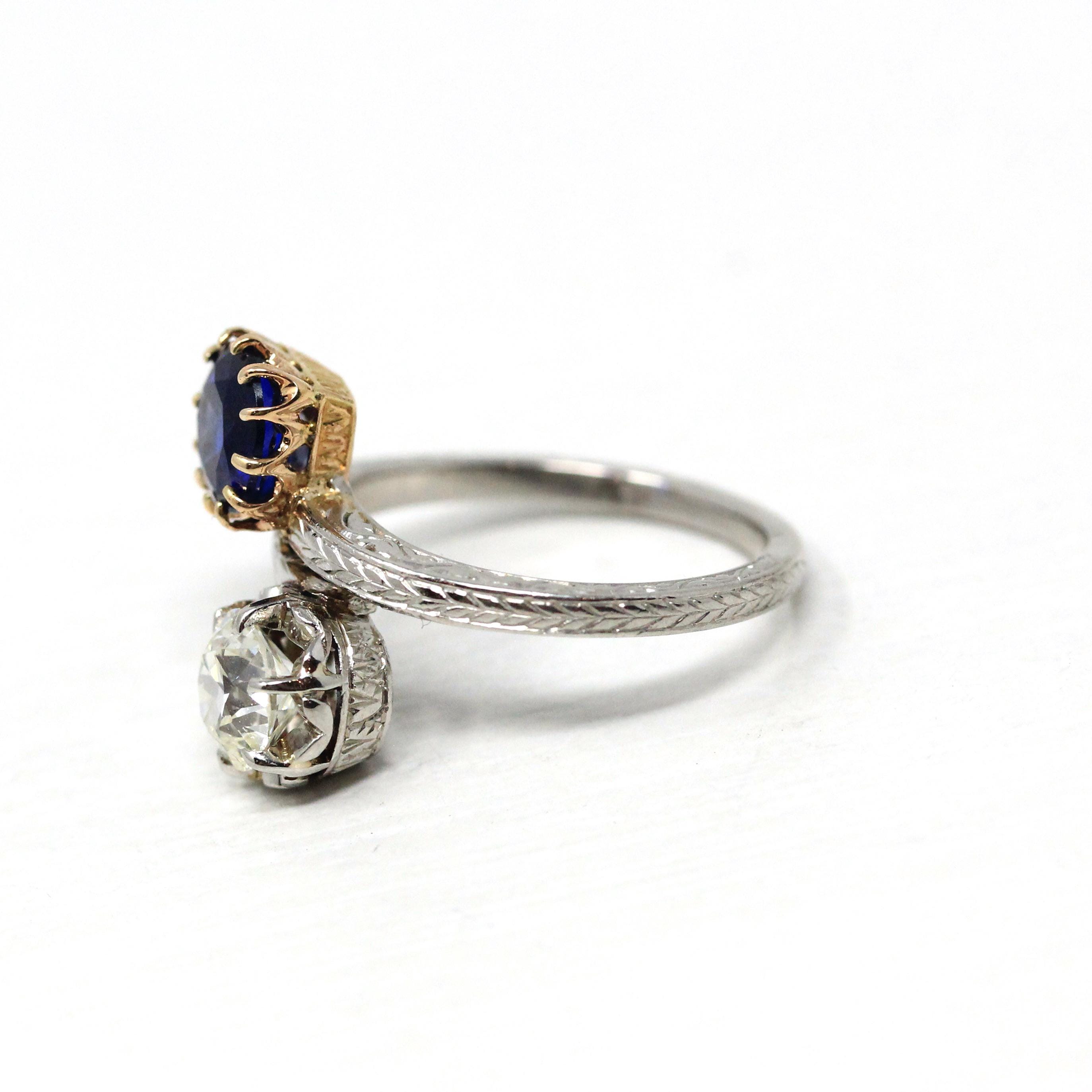 Antique Toi Et Moi Ring - Edwardian Era 18k Yellow Gold Platinum Sapphire Diamond Bypass - Vintage 1910s Size 5 1/4 Fine Jewelry w/ Report
