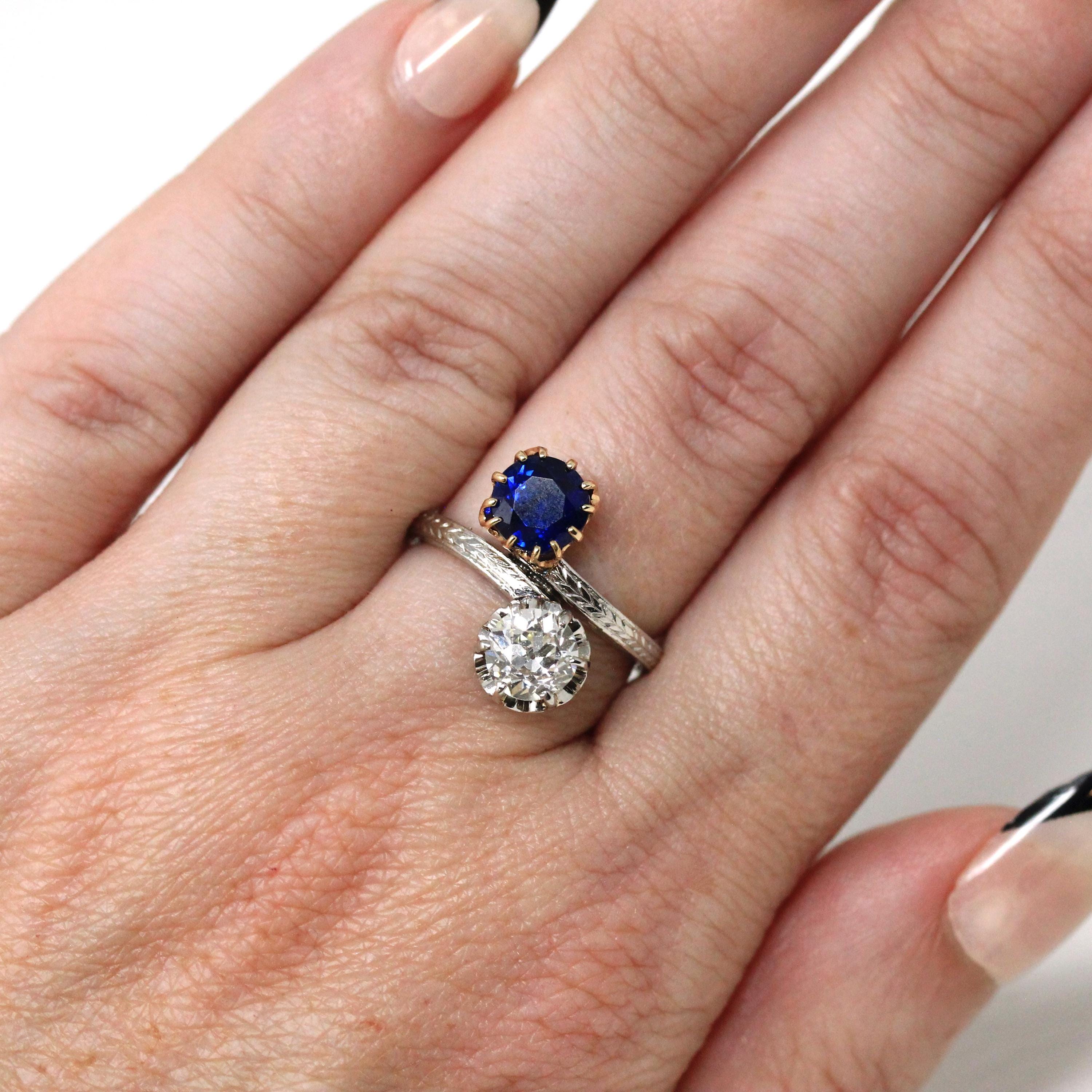 Antique Toi Et Moi Ring - Edwardian Era 18k Yellow Gold Platinum Sapphire Diamond Bypass - Vintage 1910s Size 5 1/4 Fine Jewelry w/ Report