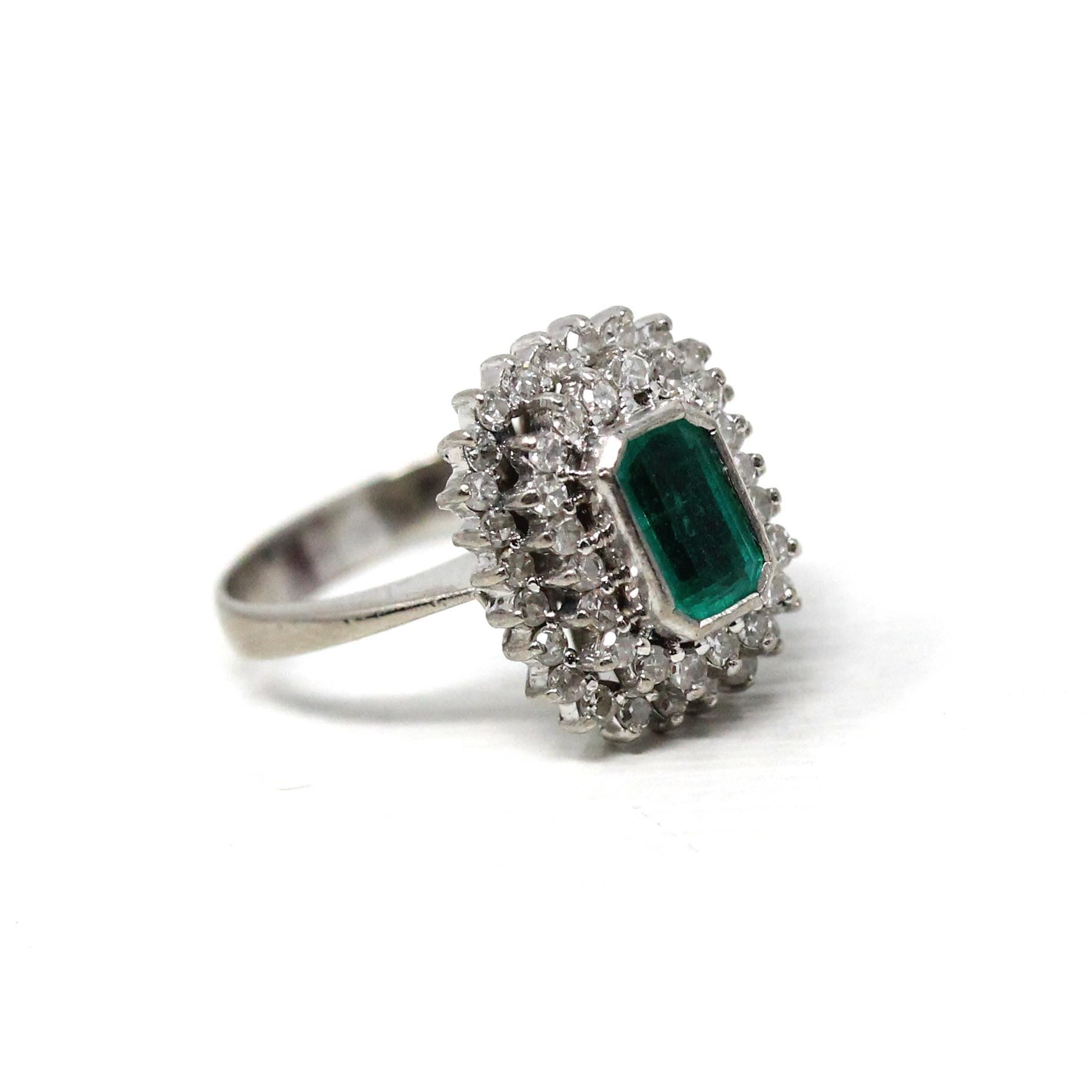 Modern Halo Ring - Estate 14k White Gold Created Emerald Diamond Engagement - Circa 1990s Era Size 4 1/2 May Birthstone Fine 90's Jewelry