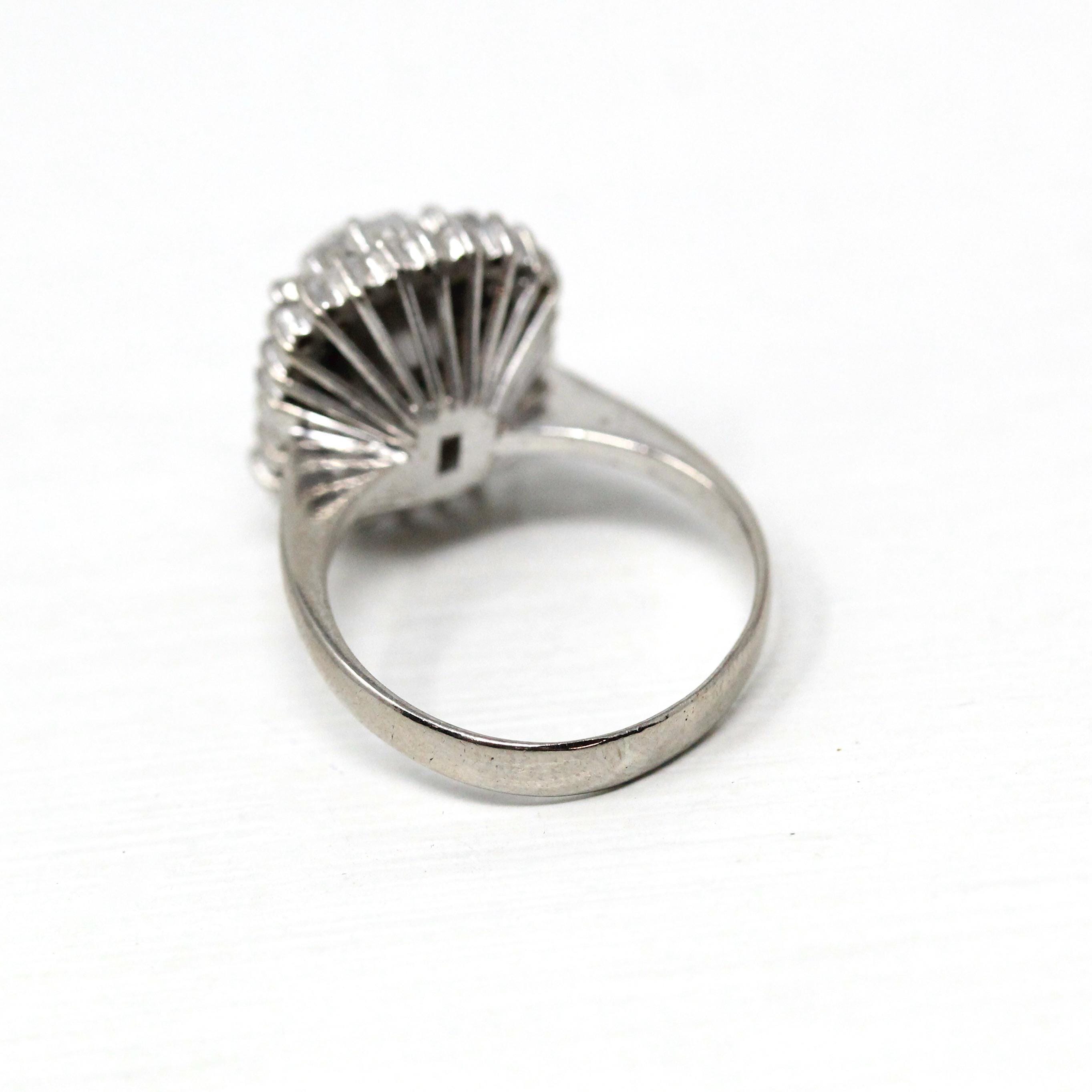 Modern Halo Ring - Estate 14k White Gold Created Emerald Diamond Engagement - Circa 1990s Era Size 4 1/2 May Birthstone Fine 90's Jewelry