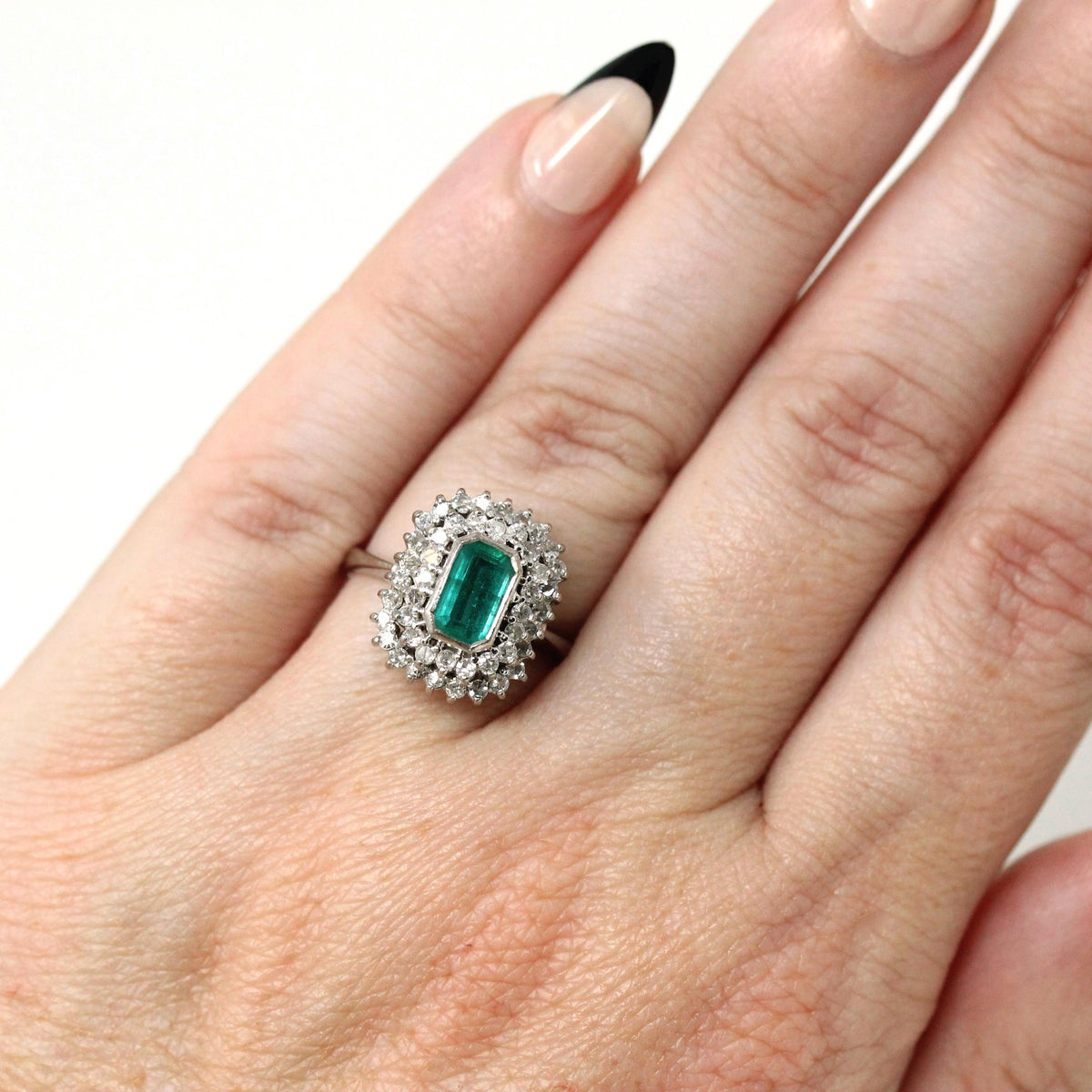 Modern Halo Ring - Estate 14k White Gold Created Emerald Diamond Engagement - Circa 1990s Era Size 4 1/2 May Birthstone Fine 90's Jewelry
