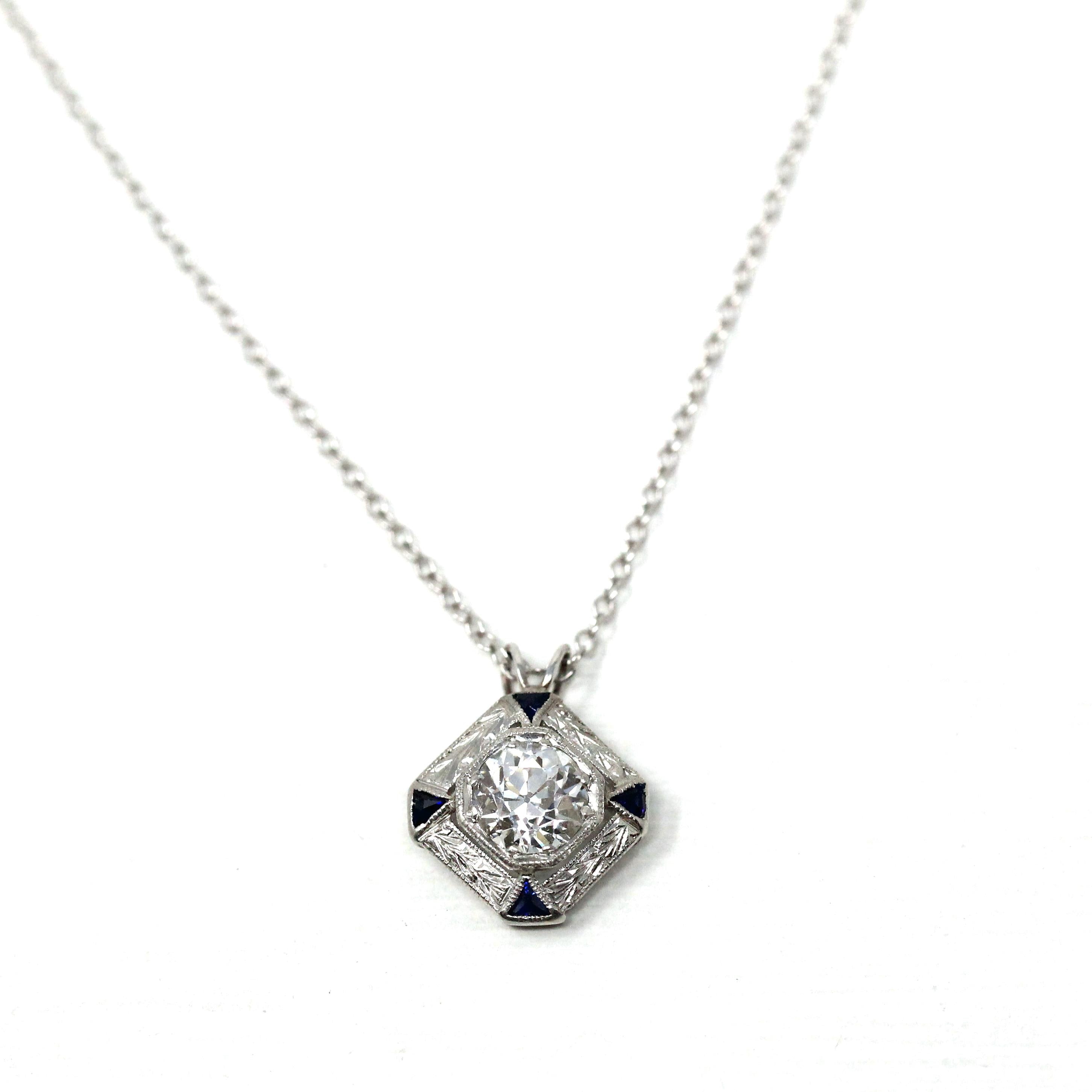 Art Deco Diamond Necklace - Antique Platinum Genuine Old European Diamond Created Sapphire Pendant - Vintage 1920s Era Dainty Fine Jewelry