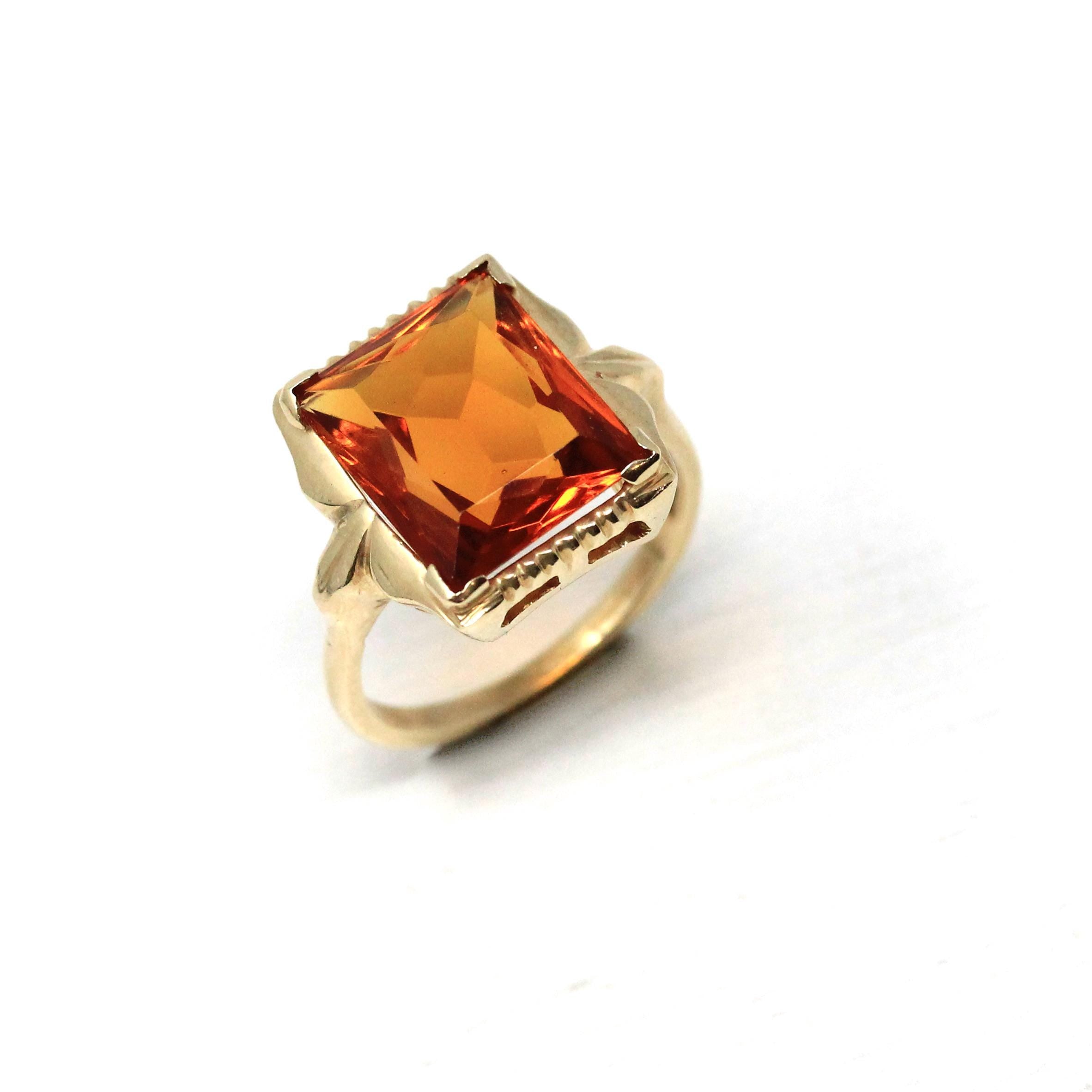 Simulated Citrine Ring - Retro 10k Yellow Gold Rectangular Faceted Orange Glass Stone - Circa 1940s Era Size 6 Fine New Old Stock Jewelry