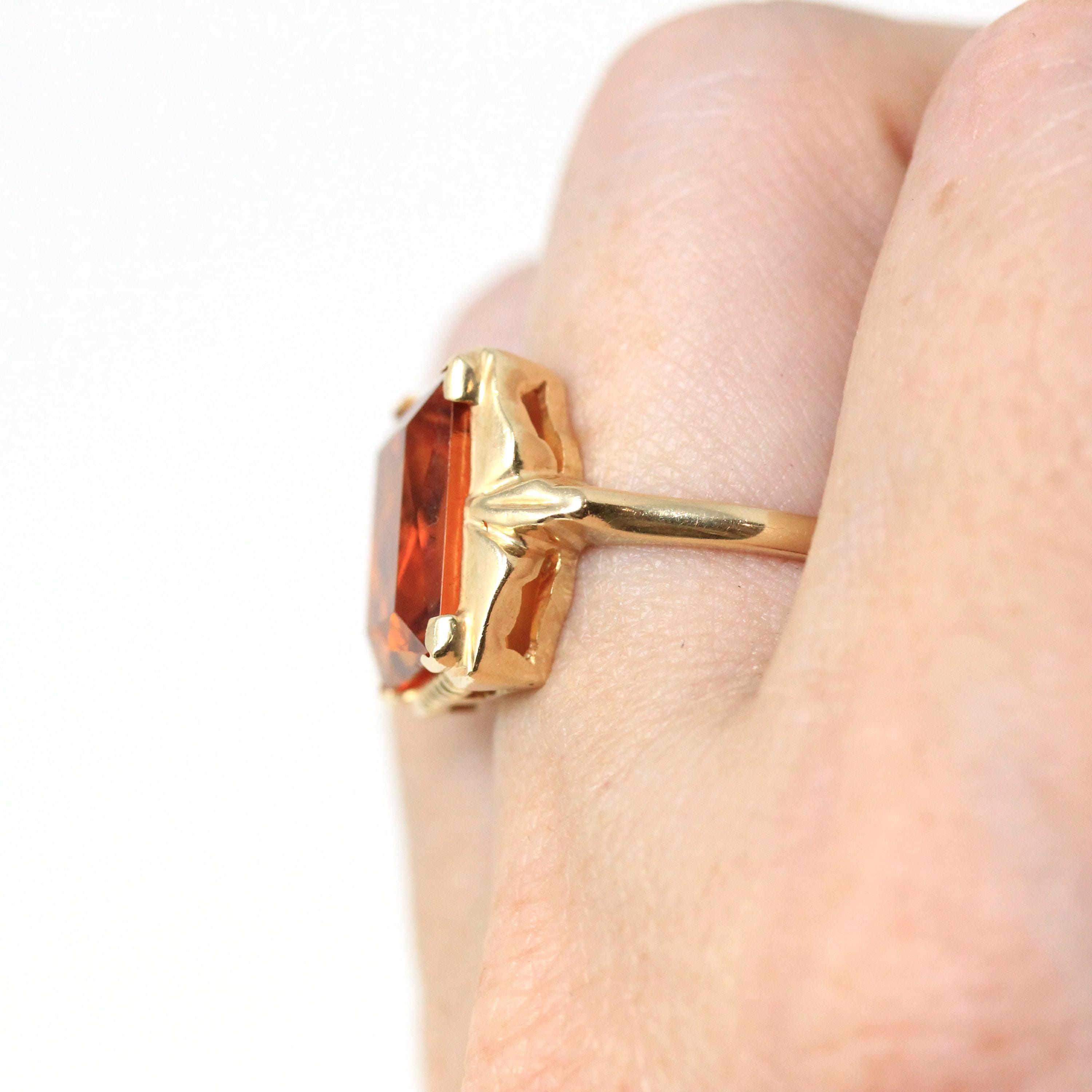 Simulated Citrine Ring - Retro 10k Yellow Gold Rectangular Faceted Orange Glass Stone - Circa 1940s Era Size 6 Fine New Old Stock Jewelry