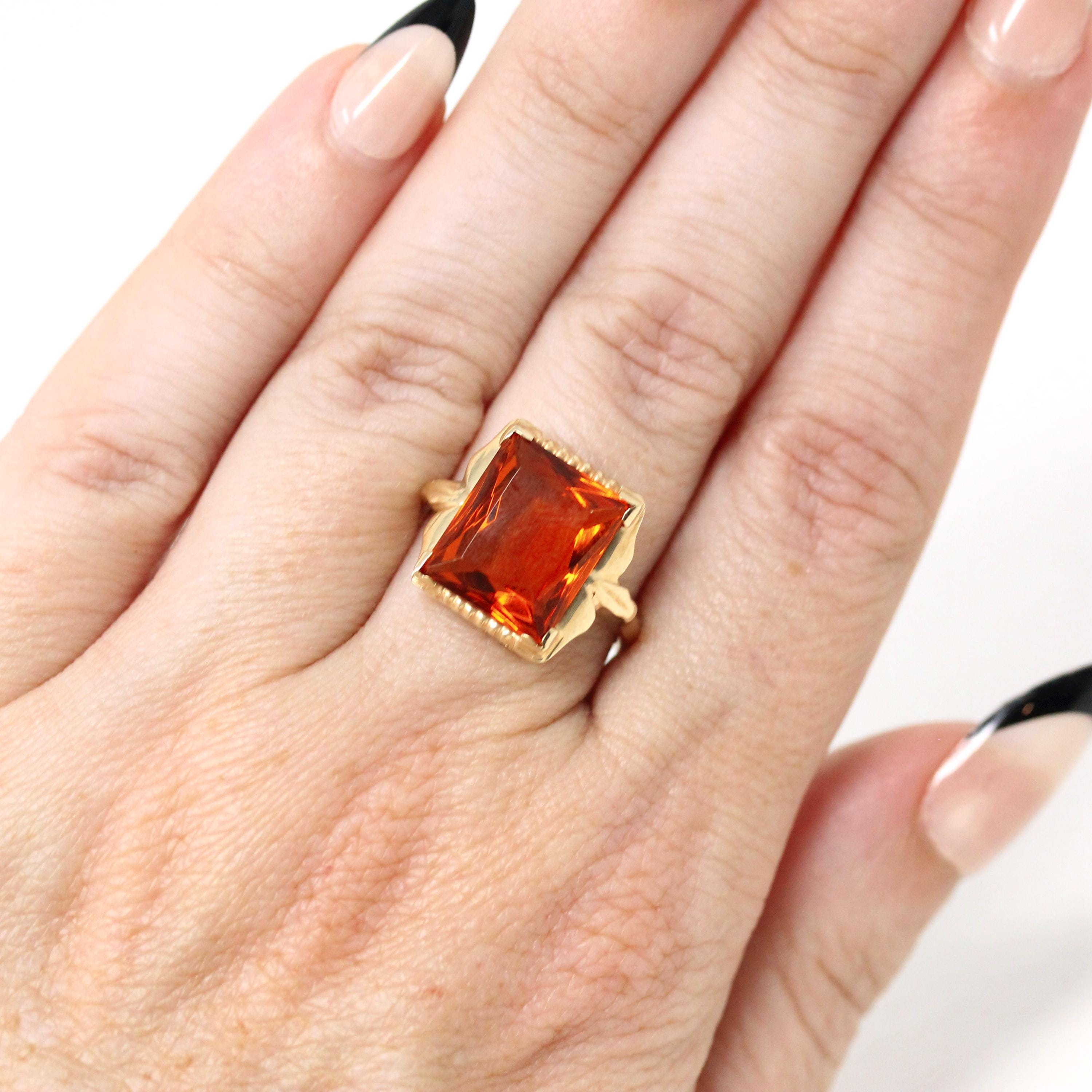 Simulated Citrine Ring - Retro 10k Yellow Gold Rectangular Faceted Orange Glass Stone - Circa 1940s Era Size 6 Fine New Old Stock Jewelry