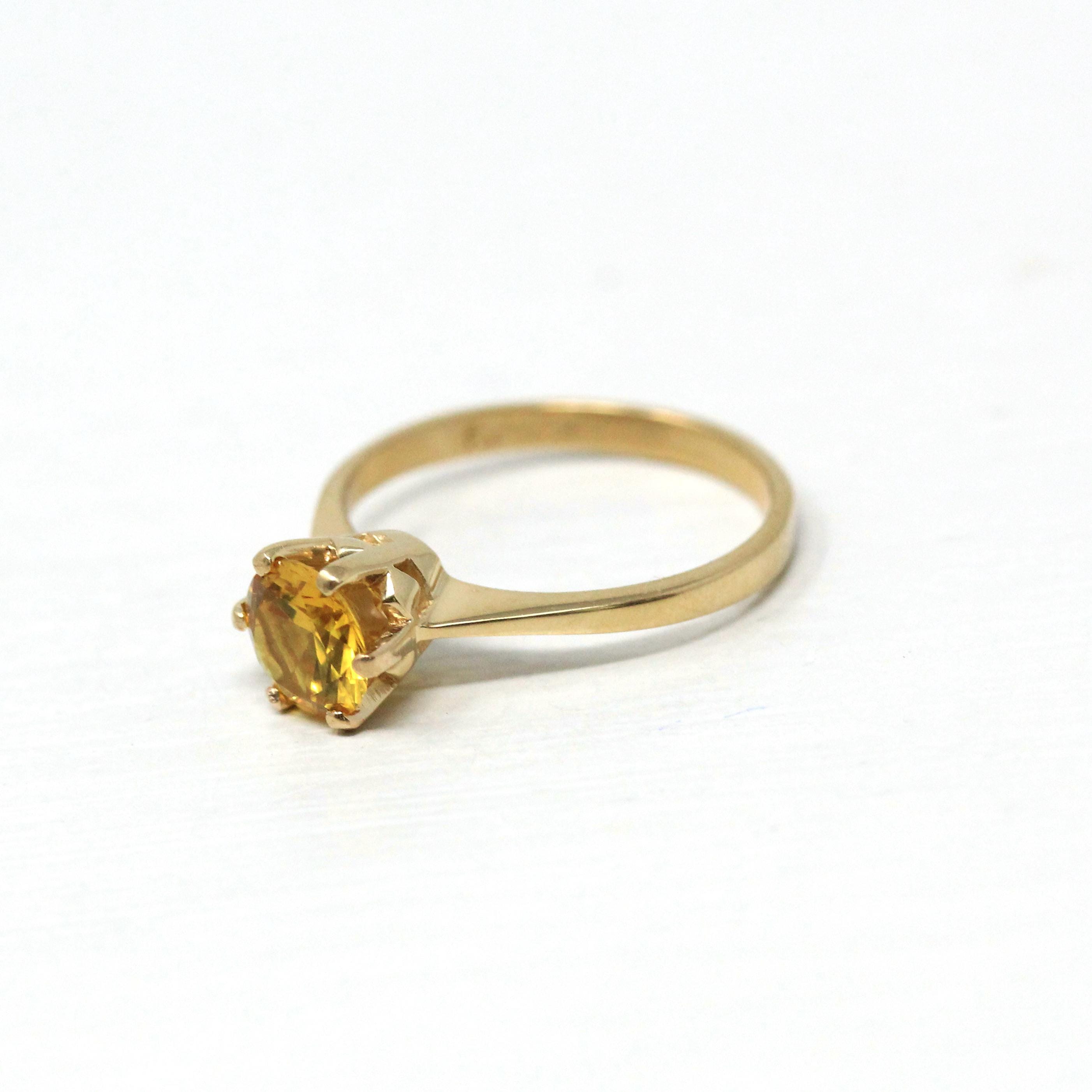 Created Yellow Sapphire Ring - Retro 10k Gold Round Faceted 1.09 CT Gem - Vintage 1960s Era Size 6 Solitaire Alternative Engagement Jewelry