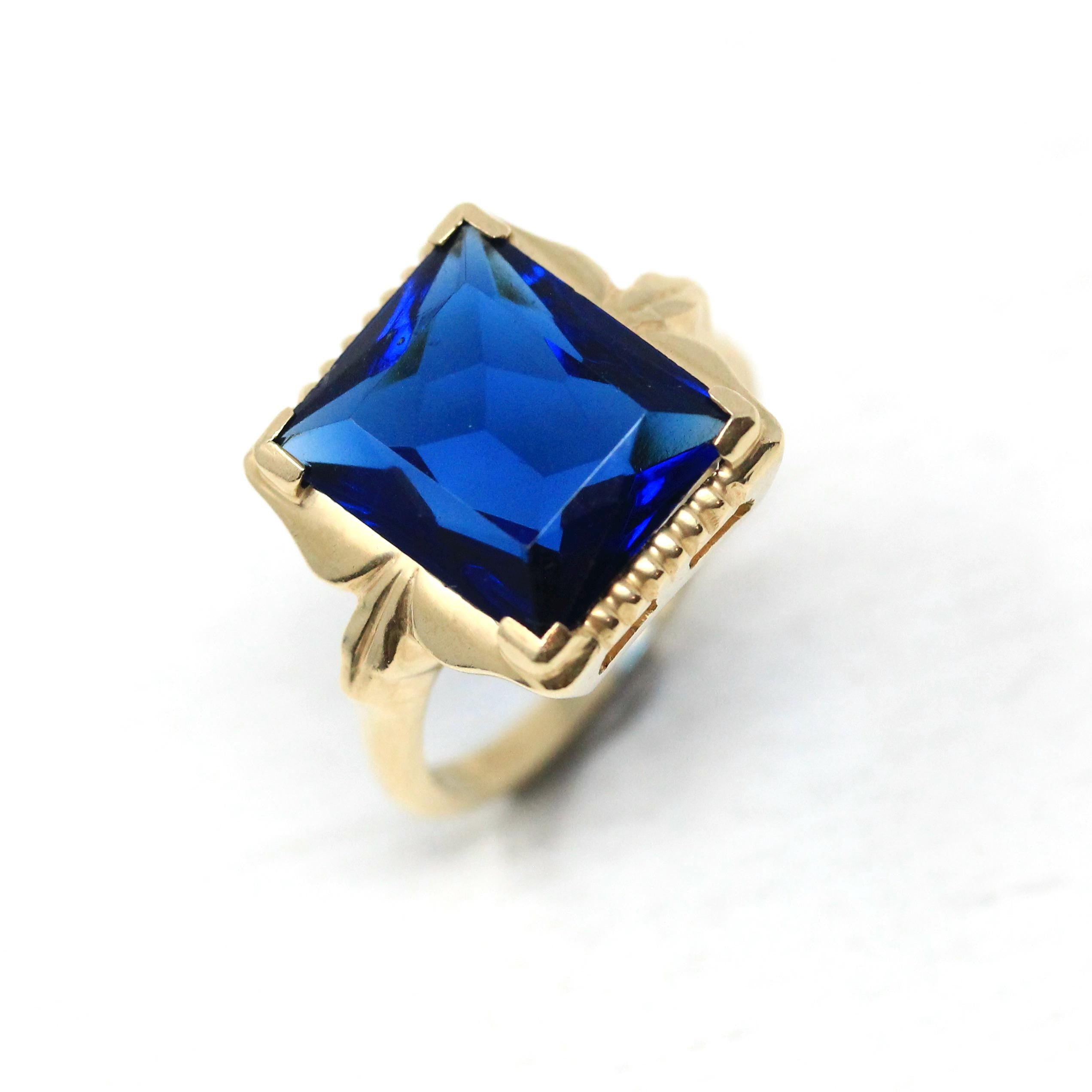Simulated Sapphire Ring - Retro 10k Yellow Gold Rectangular Faceted Blue Glass Stone - Circa 1940s Era Size 5 3/4 Fine New Old Stock Jewelry