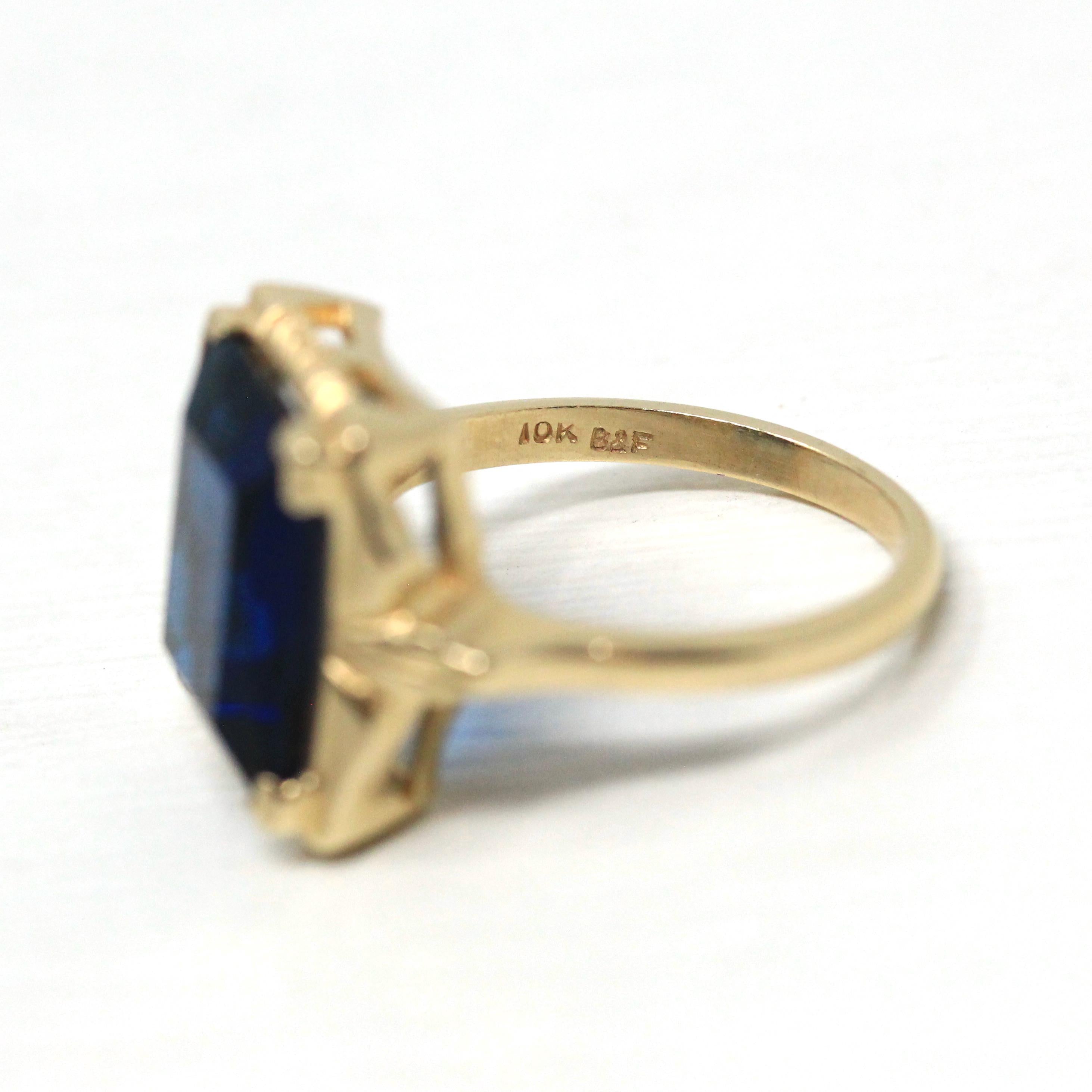 Simulated Sapphire Ring - Retro 10k Yellow Gold Rectangular Faceted Blue Glass Stone - Circa 1940s Era Size 5 3/4 Fine New Old Stock Jewelry