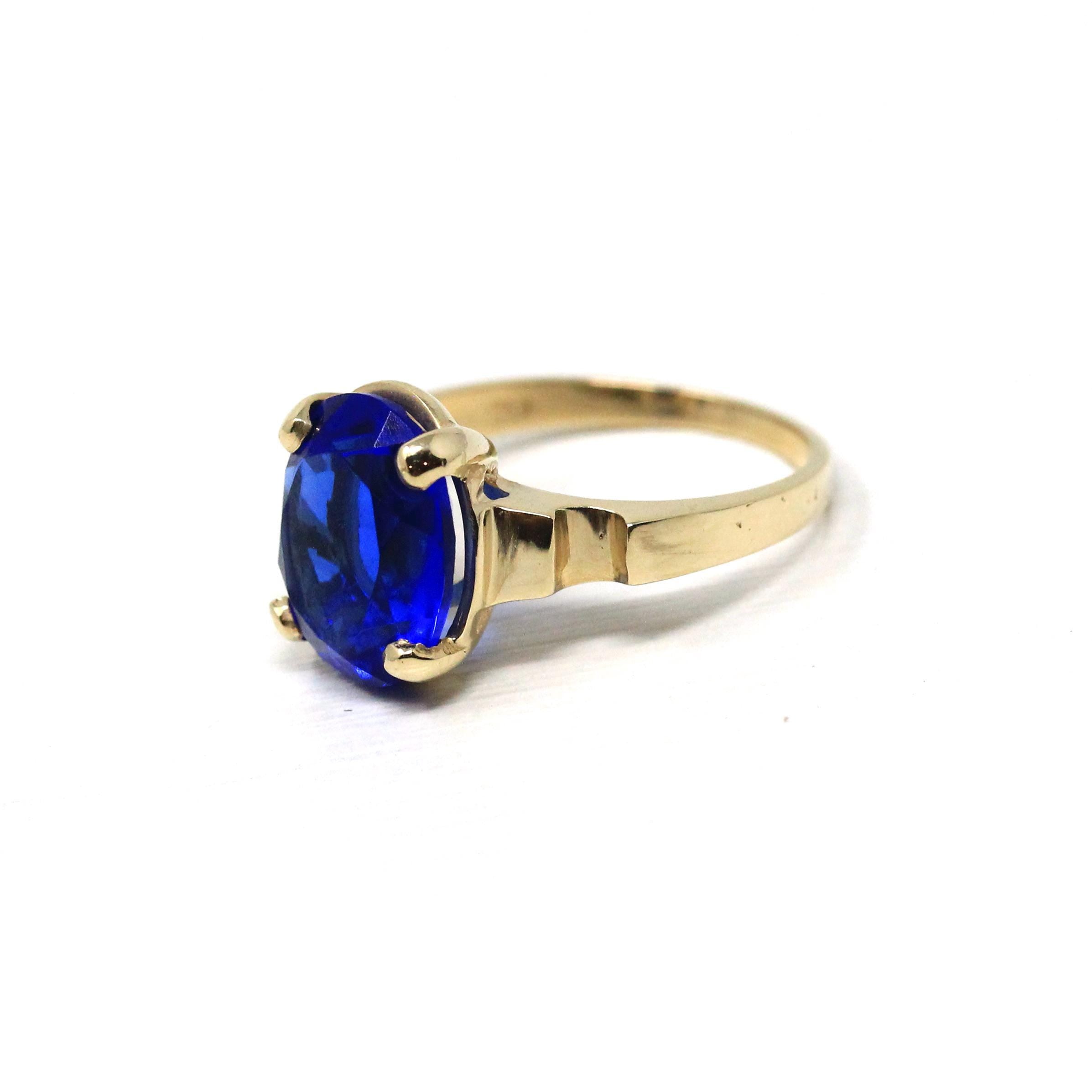 Retro Statement Ring - Vintage Era 10k Yellow Gold Oval Cut Simulated Sapphire Statement - Circa 1940s Size 6 Solitaire Glass Fine Jewelry