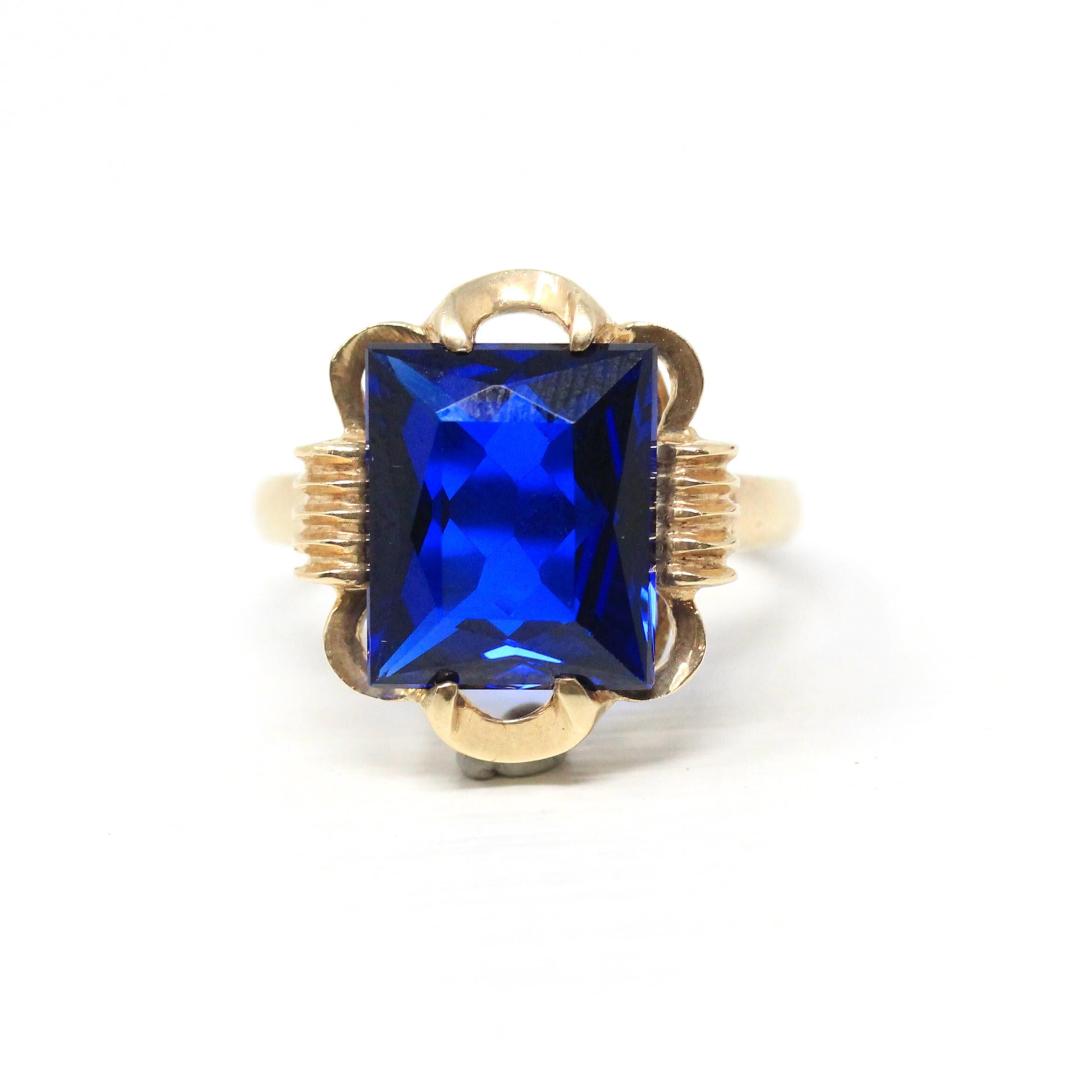 Created Spinel Ring - Retro 10k Yellow Gold Rectangular Faceted Blue Stone - Vintage Circa 1960s Era Size 6 1/2 New Old Stock Fine Jewelry