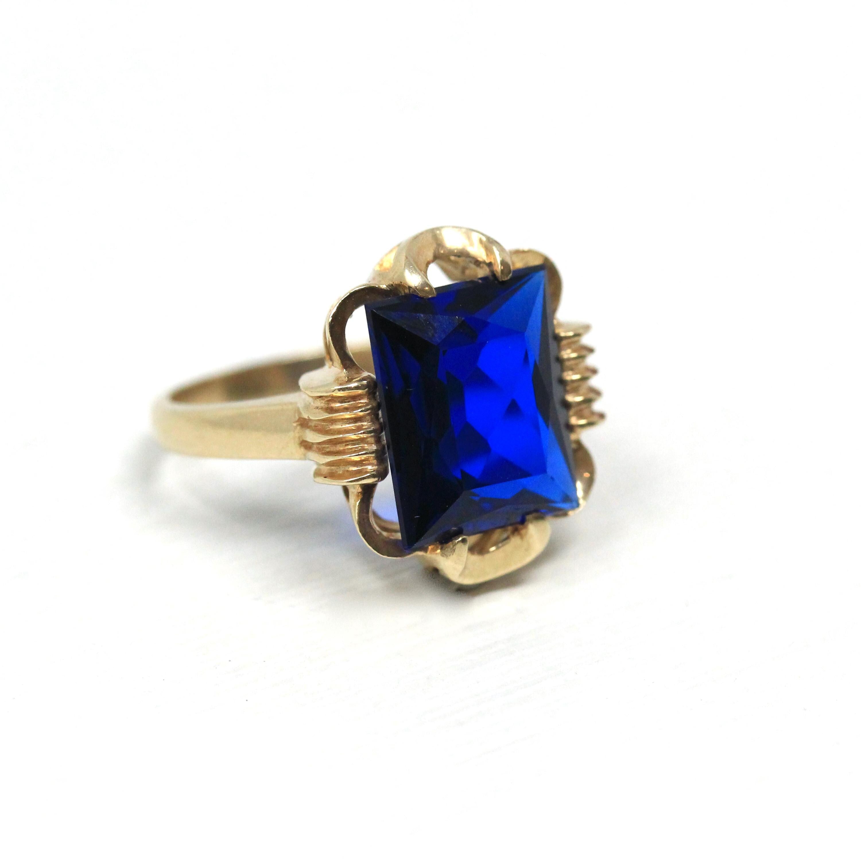 Created Spinel Ring - Retro 10k Yellow Gold Rectangular Faceted Blue Stone - Vintage Circa 1960s Era Size 6 1/2 New Old Stock Fine Jewelry