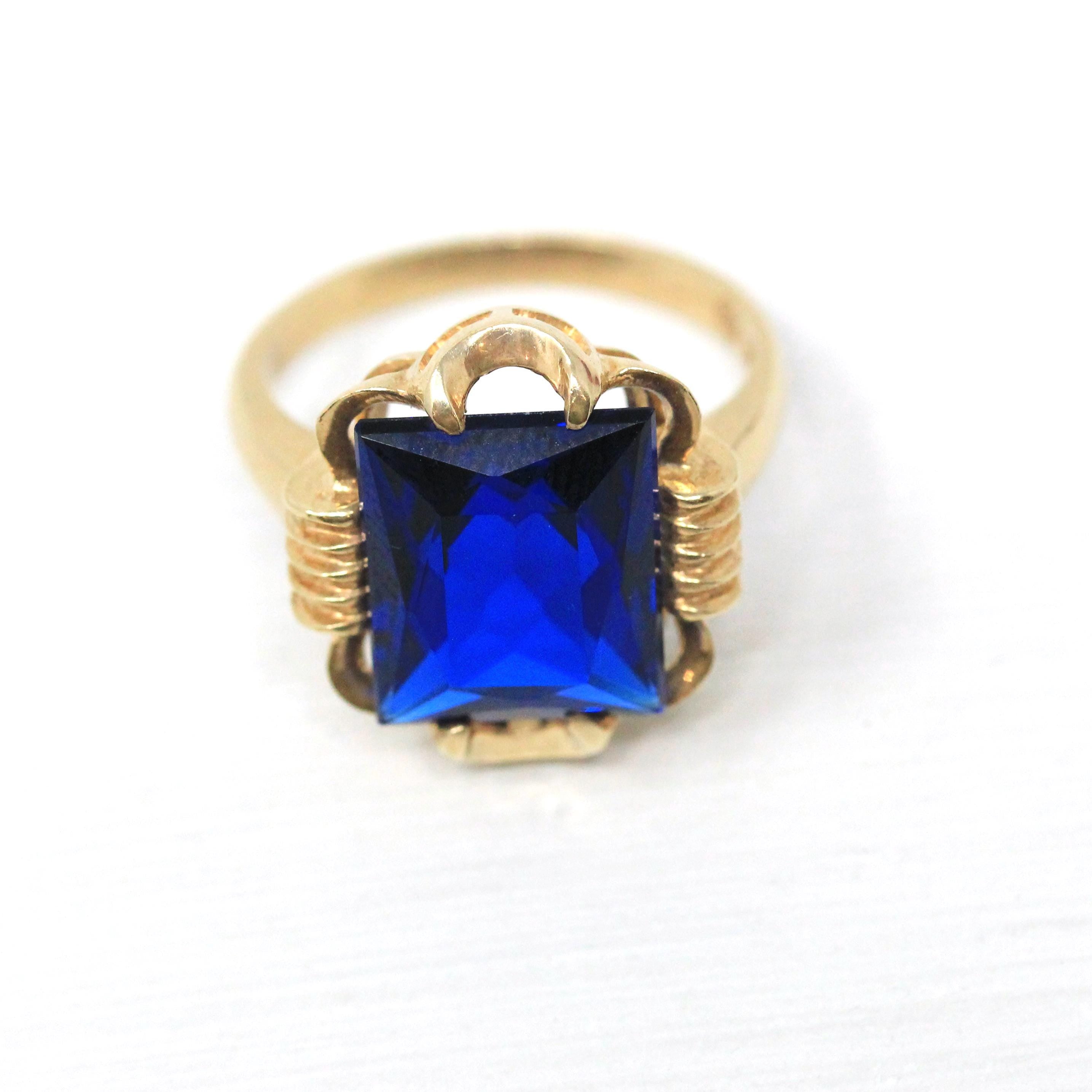 Created Spinel Ring - Retro 10k Yellow Gold Rectangular Faceted Blue Stone - Vintage Circa 1960s Era Size 6 1/2 New Old Stock Fine Jewelry