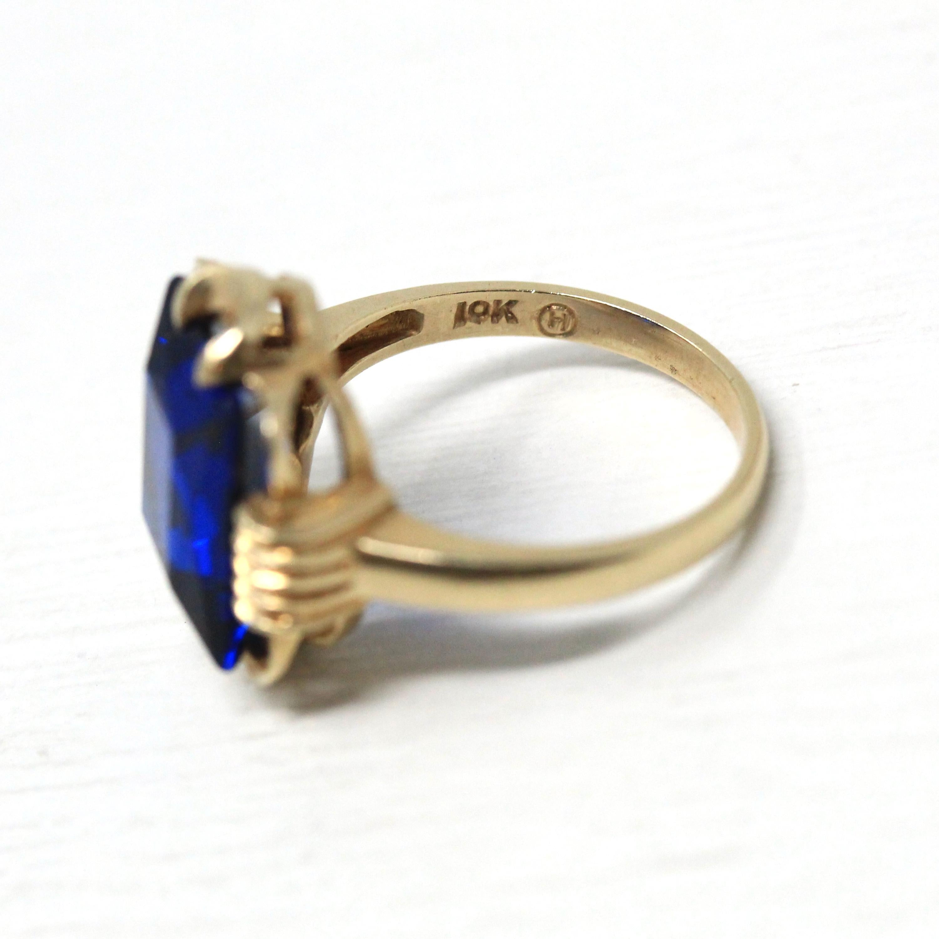 Created Spinel Ring - Retro 10k Yellow Gold Rectangular Faceted Blue Stone - Vintage Circa 1960s Era Size 6 1/2 New Old Stock Fine Jewelry