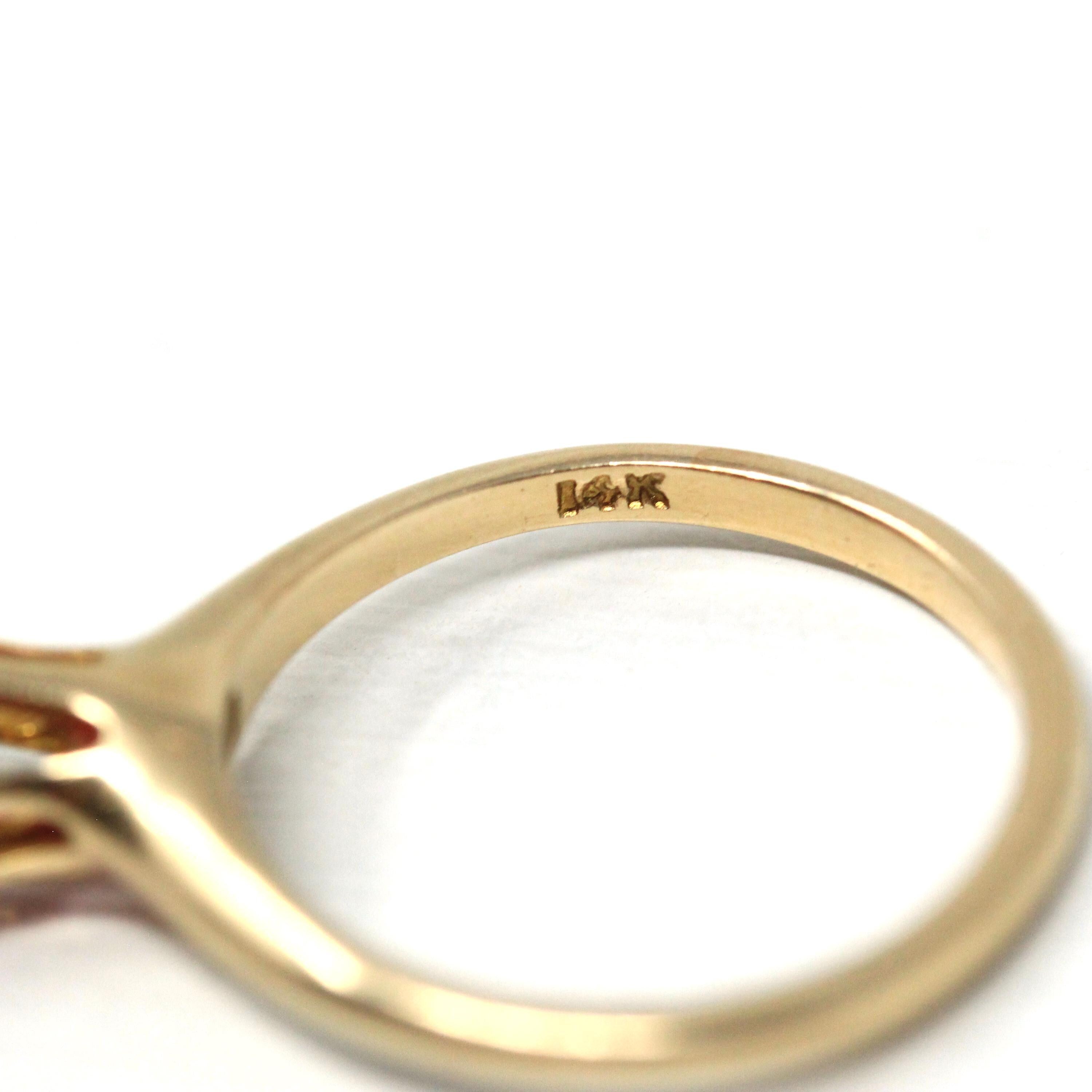 Created Ruby Ring - Retro 14k Yellow Gold Round Faceted Reddish Pink Stone - Vintage Circa 1960s Era Size 5 1/2 July Birthstone Fine Jewelry