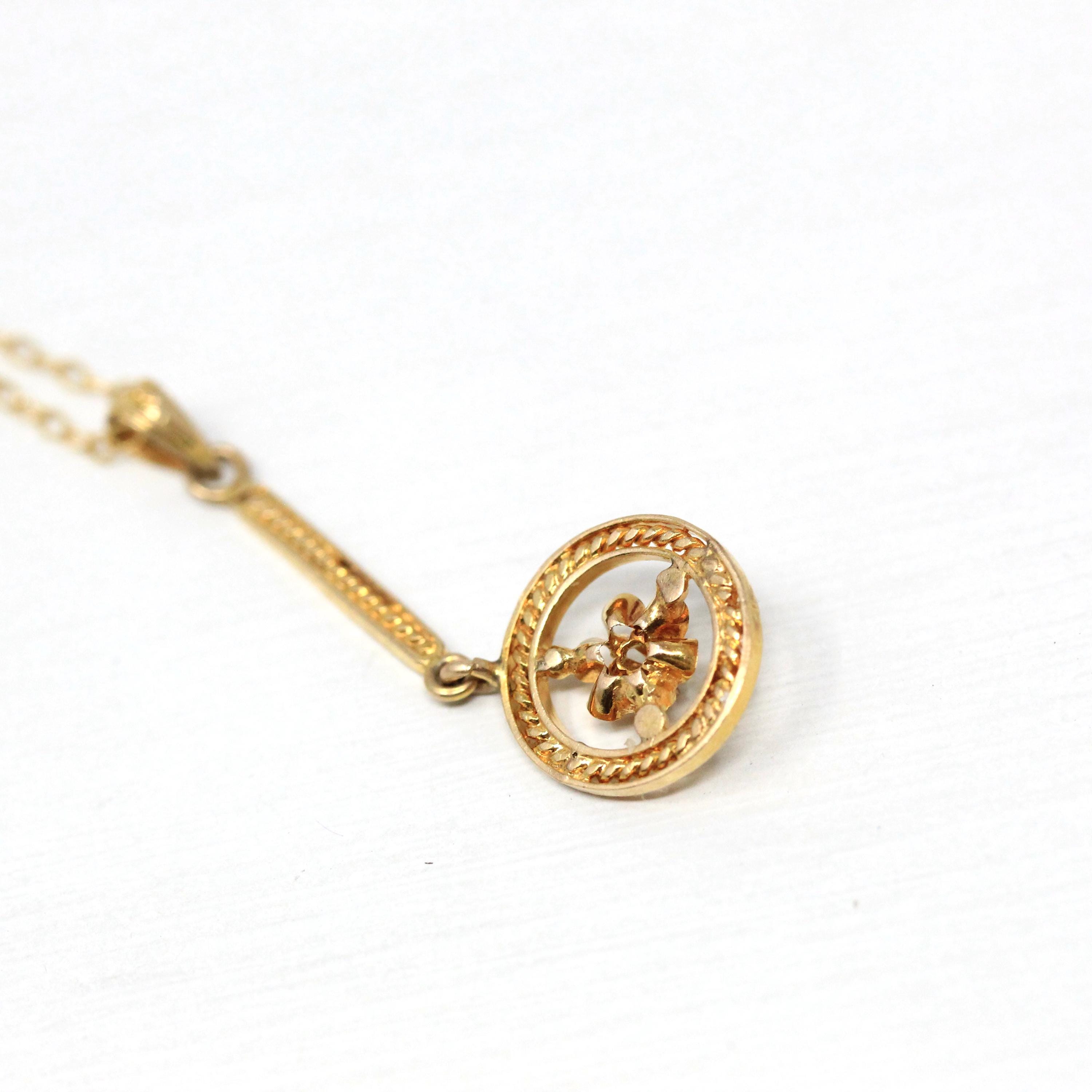 Antique Lavalier Necklace - Edwardian 10k Yellow Gold Genuine Diamond Gemstone Pendant Circa 1910s Rope Style Dainty Buttercup Fine Jewelry
