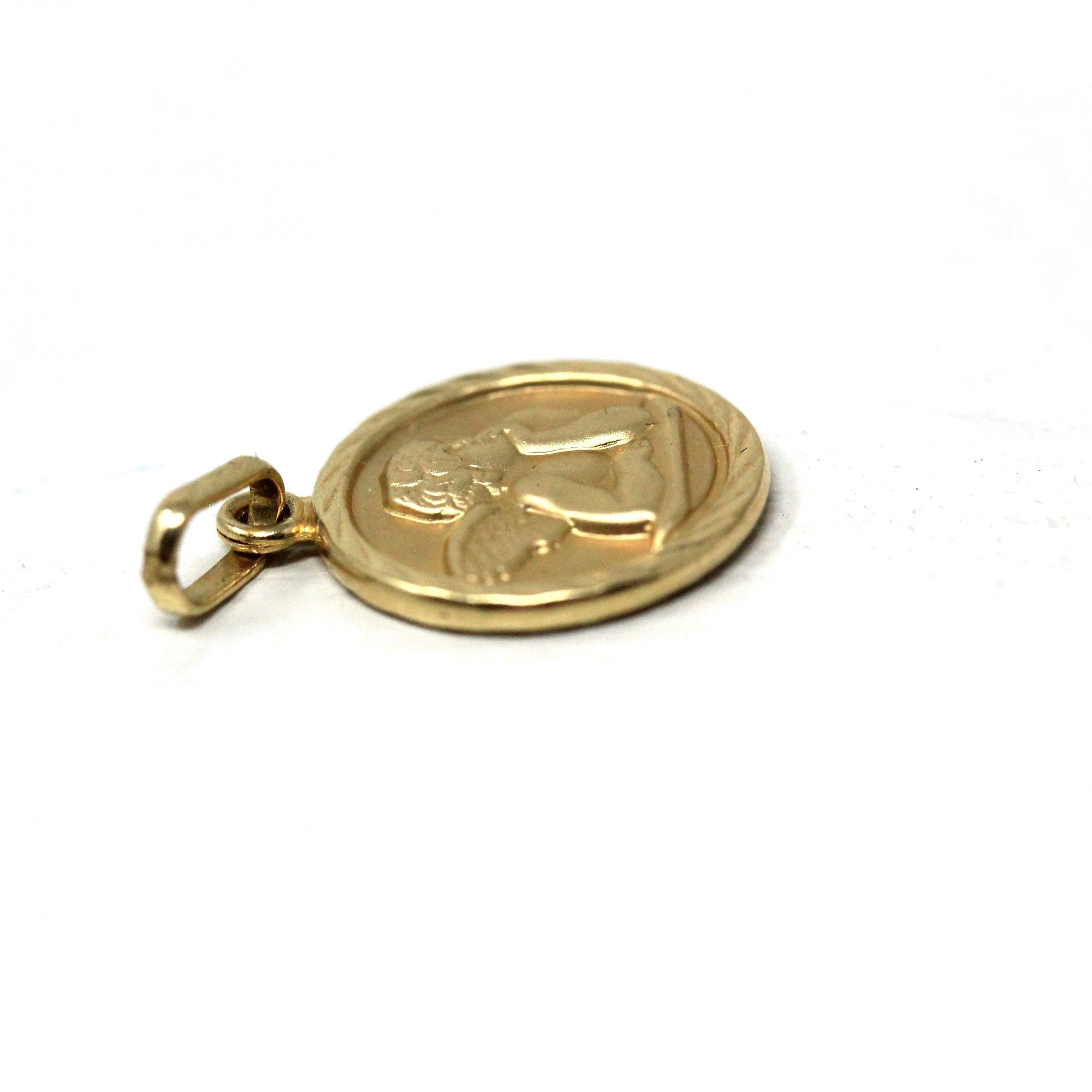 Dainty Cupid Charm - Modern 14k Yellow Gold Round Matte Winged Angel Pendant Necklace - Circa 1990s New Old Stock Figural NOS Fine Jewelry