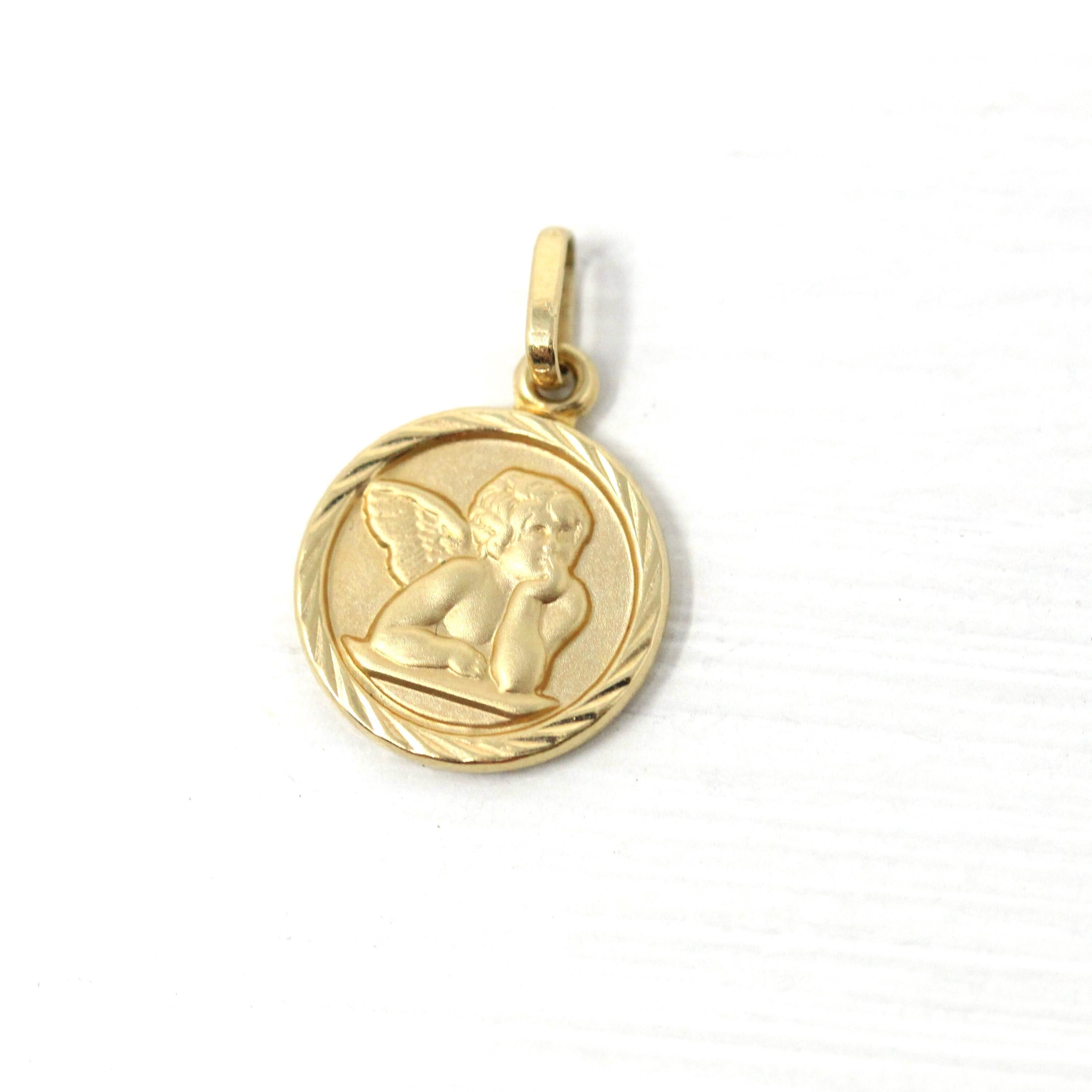 Dainty Cupid Charm - Modern 14k Yellow Gold Round Matte Winged Angel Pendant Necklace - Circa 1990s New Old Stock Figural NOS Fine Jewelry