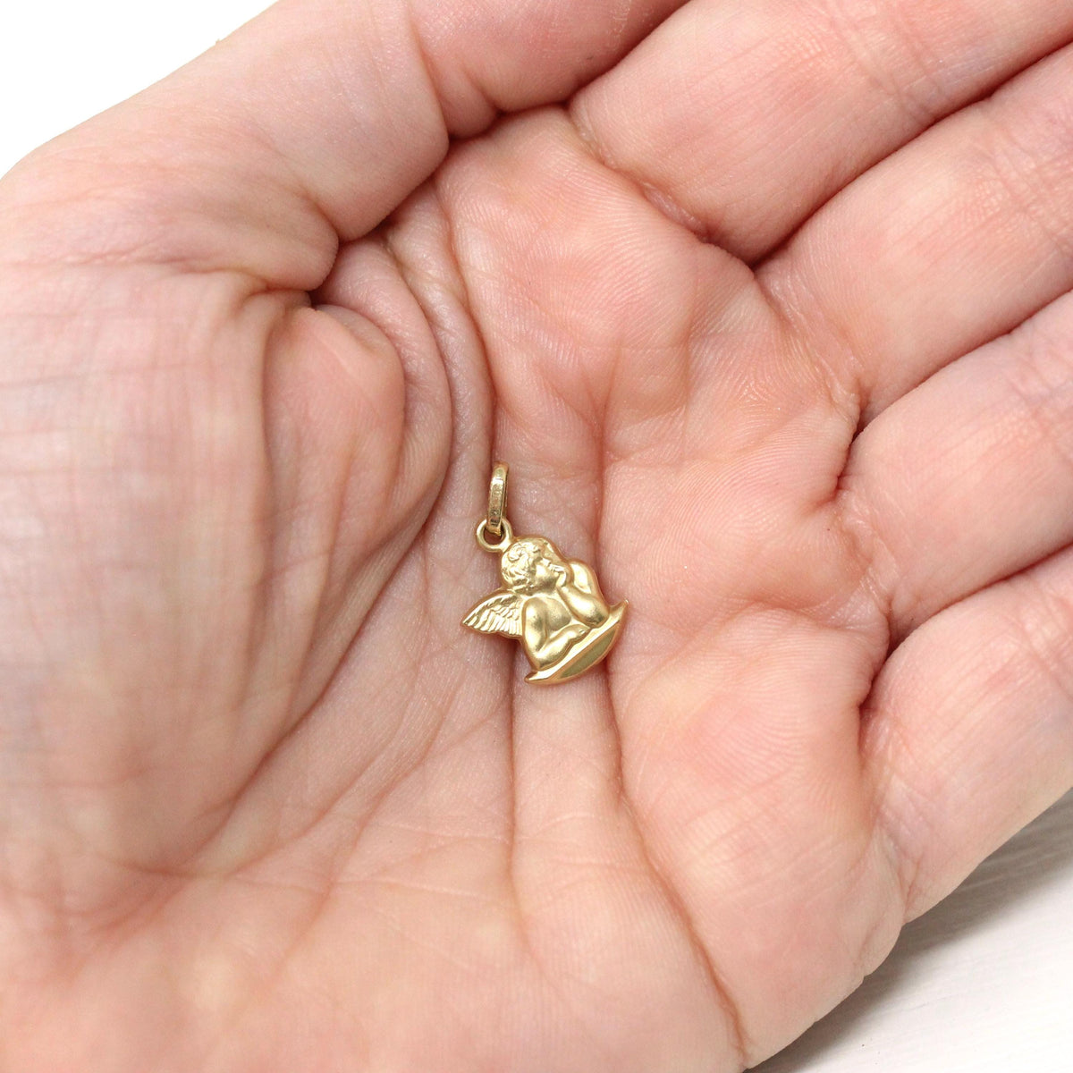 Dainty Cupid Charm - Modern 14k Yellow Gold Thinking Winged Angel Pendant Necklace - Circa 1990s New Old Stock Figural NOS Fine 90s Jewelry