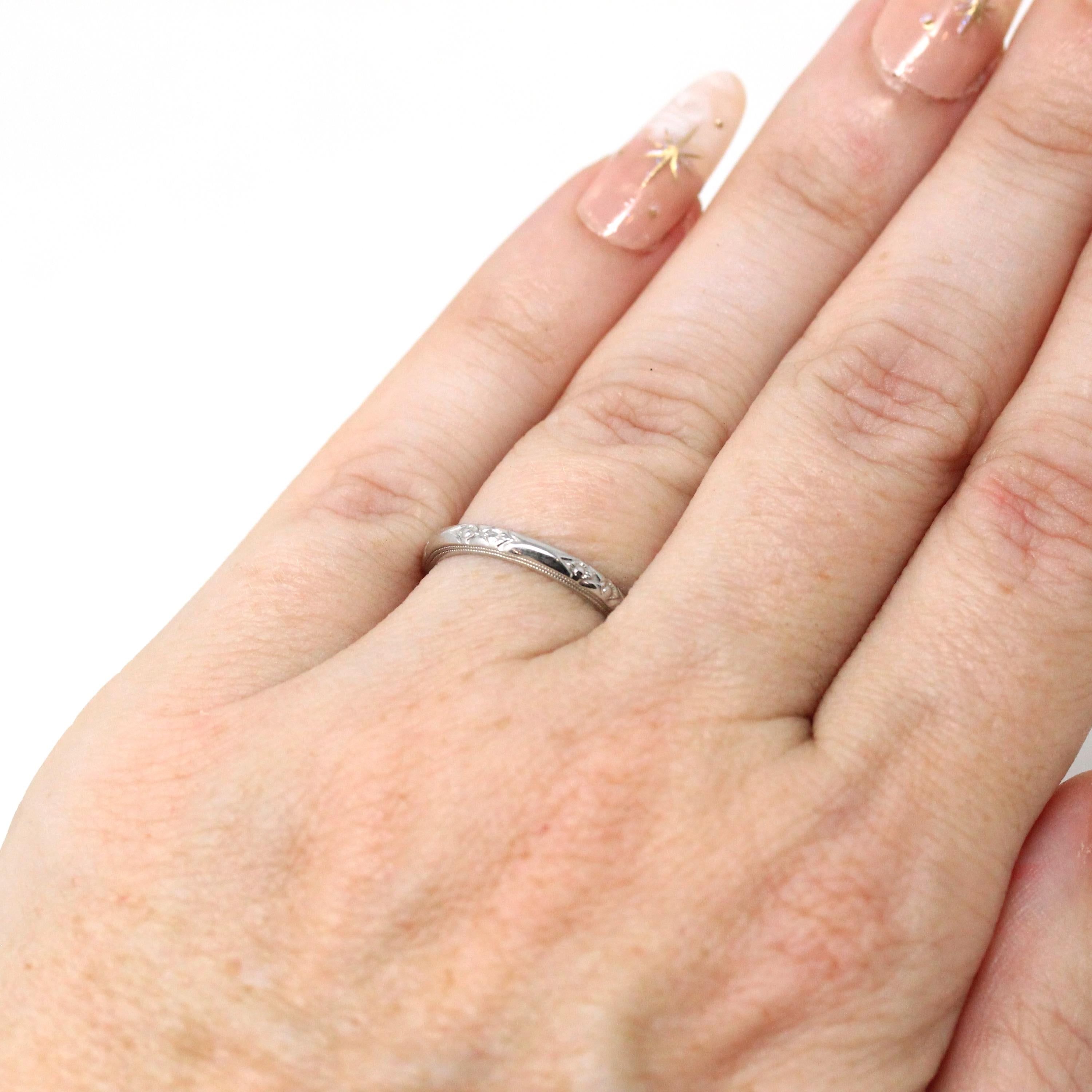 Art Deco Wedding Band - Vintage 18k White Gold Orange Blossom Eternity Ring - Circa 1930s Era Size 5 Bridal Stacking Fine 30s Flower Jewelry