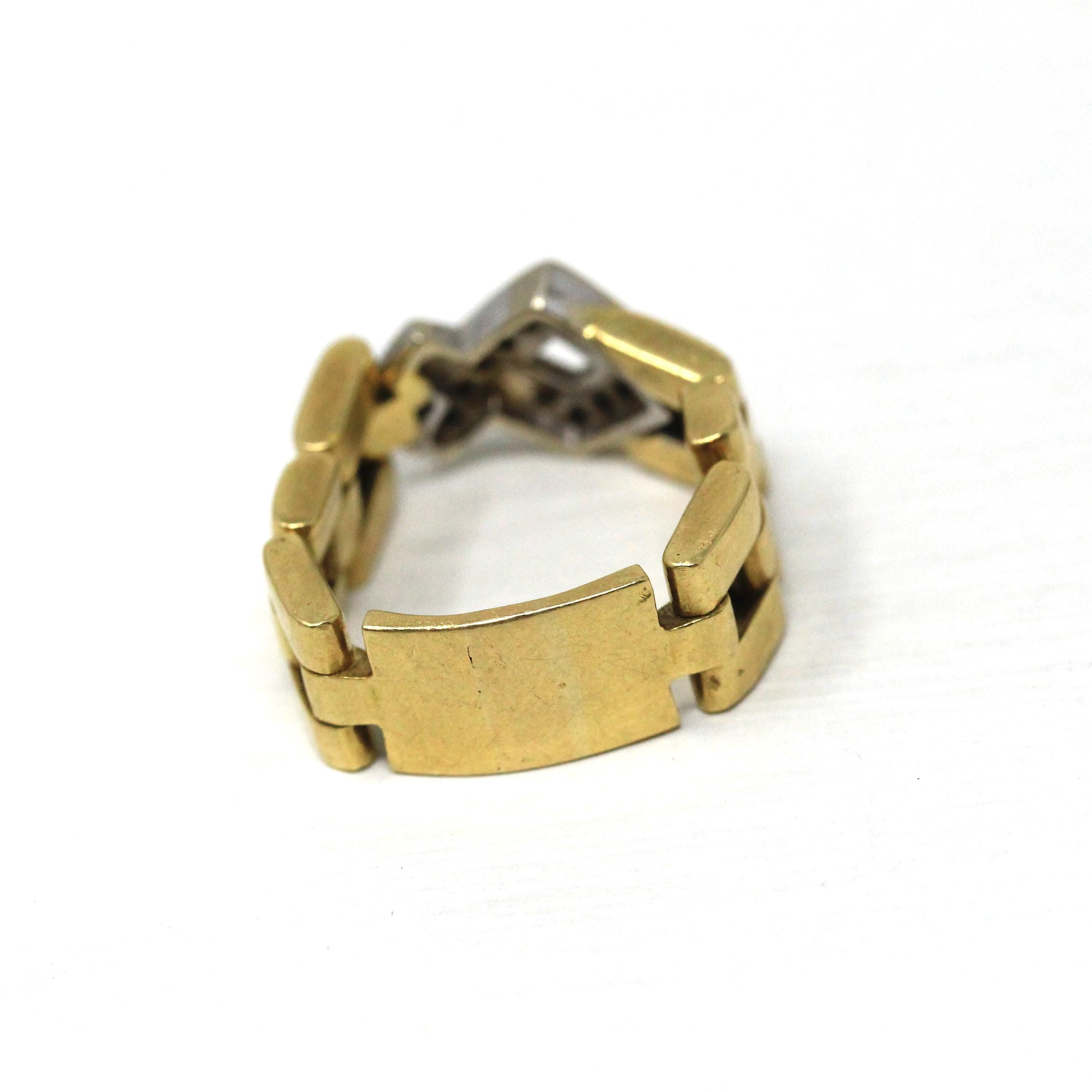 Vintage Watch Link Ring - Modern Estate 18k Yellow White Gold Open Brick Chain Design - Circa 2000s Size 7 1/2 Fine Diamond Accent Jewelry