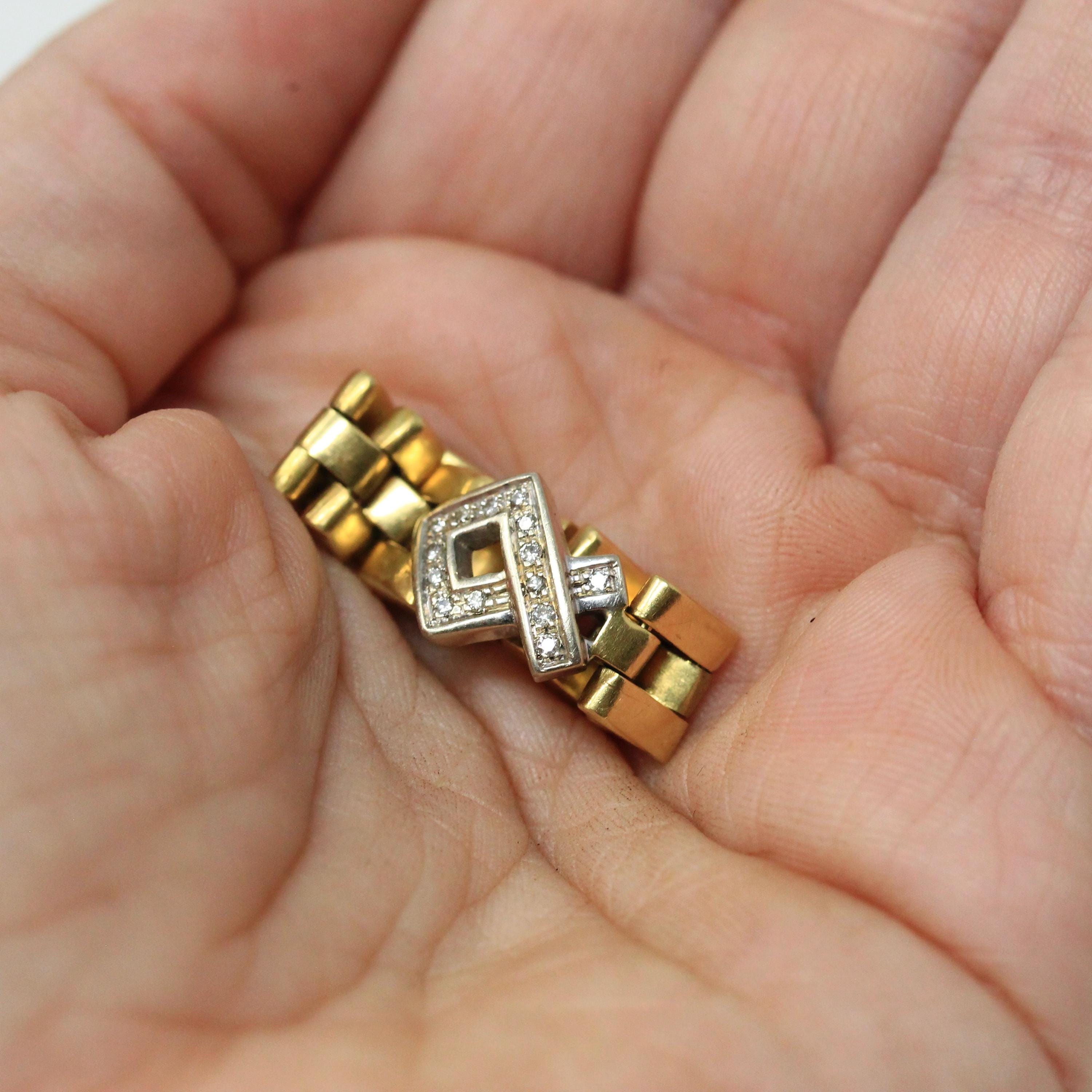 Vintage Watch Link Ring - Modern Estate 18k Yellow White Gold Open Brick Chain Design - Circa 2000s Size 7 1/2 Fine Diamond Accent Jewelry