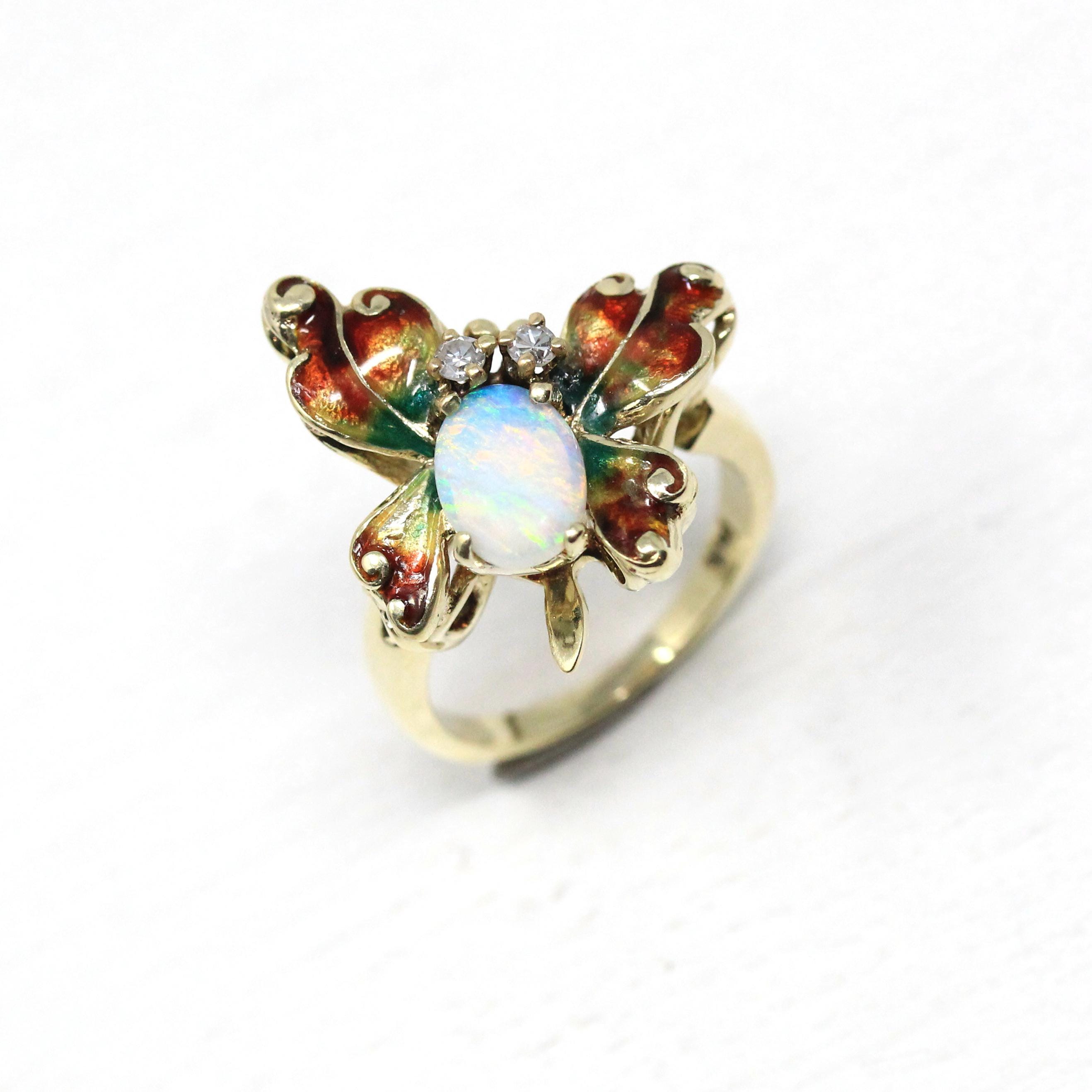 Vintage Butterfly Ring - Retro Era 14k Yellow Gold Genuine Opal & Diamonds - Circa 1970s Era Size 5.25 Statement Figural Enamel Fine Jewelry