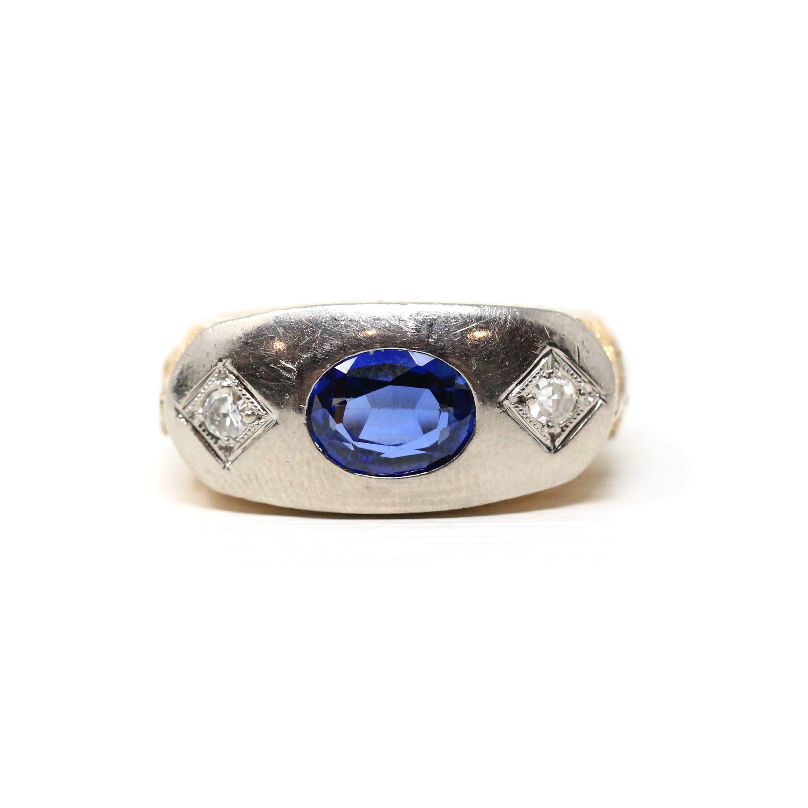 Art Deco Masonic Ring - 14k Rosy Yellow & White Gold Oval Created Sapphire Diamonds - Men's Size 8 Freemason Symbols Statement Fine Jewelry
