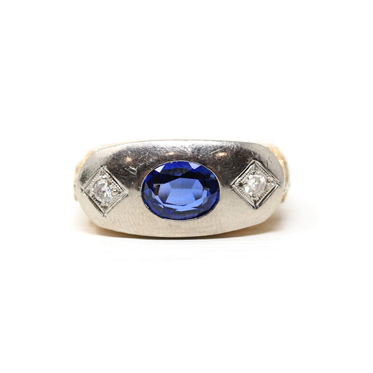 Art Deco Masonic Ring - 14k Rosy Yellow & White Gold Oval Created Sapphire Diamonds - Men's Size 8 Freemason Symbols Statement Fine Jewelry