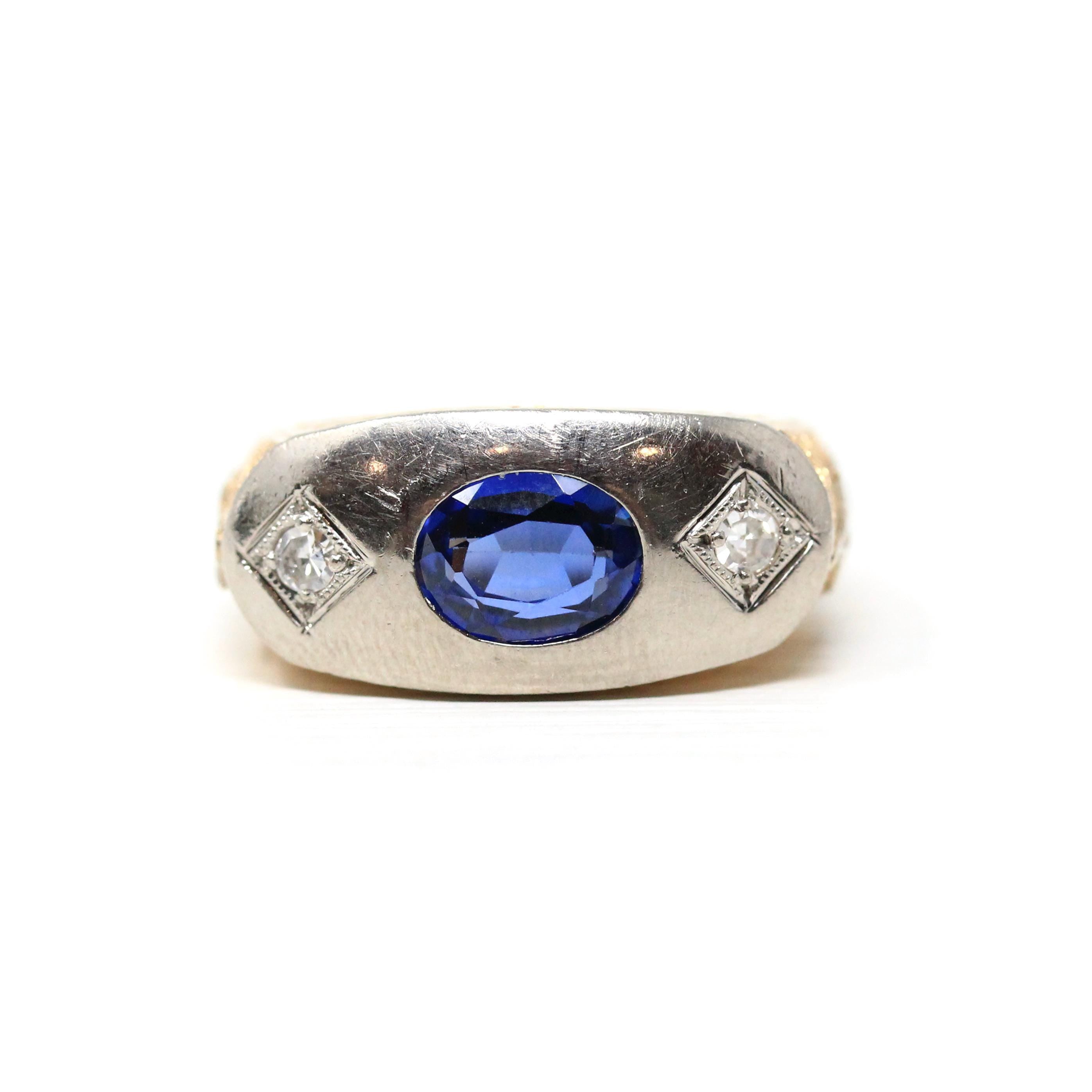 Art Deco Masonic Ring - 14k Rosy Yellow & White Gold Oval Created Sapphire Diamonds - Men's Size 8 Freemason Symbols Statement Jewelry