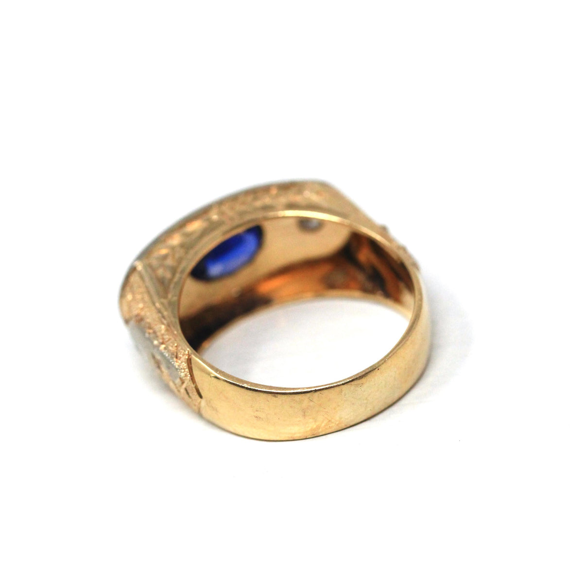 Art Deco Masonic Ring - 14k Rosy Yellow & White Gold Oval Created Sapphire Diamonds - Men's Size 8 Freemason Symbols Statement Fine Jewelry