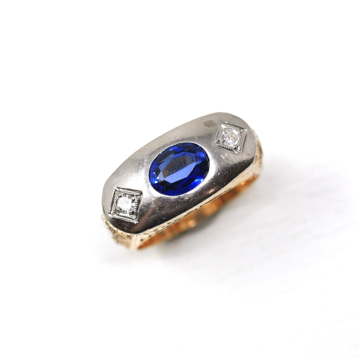 Art Deco Masonic Ring - 14k Rosy Yellow & White Gold Oval Created Sapphire Diamonds - Men's Size 8 Freemason Symbols Statement Fine Jewelry