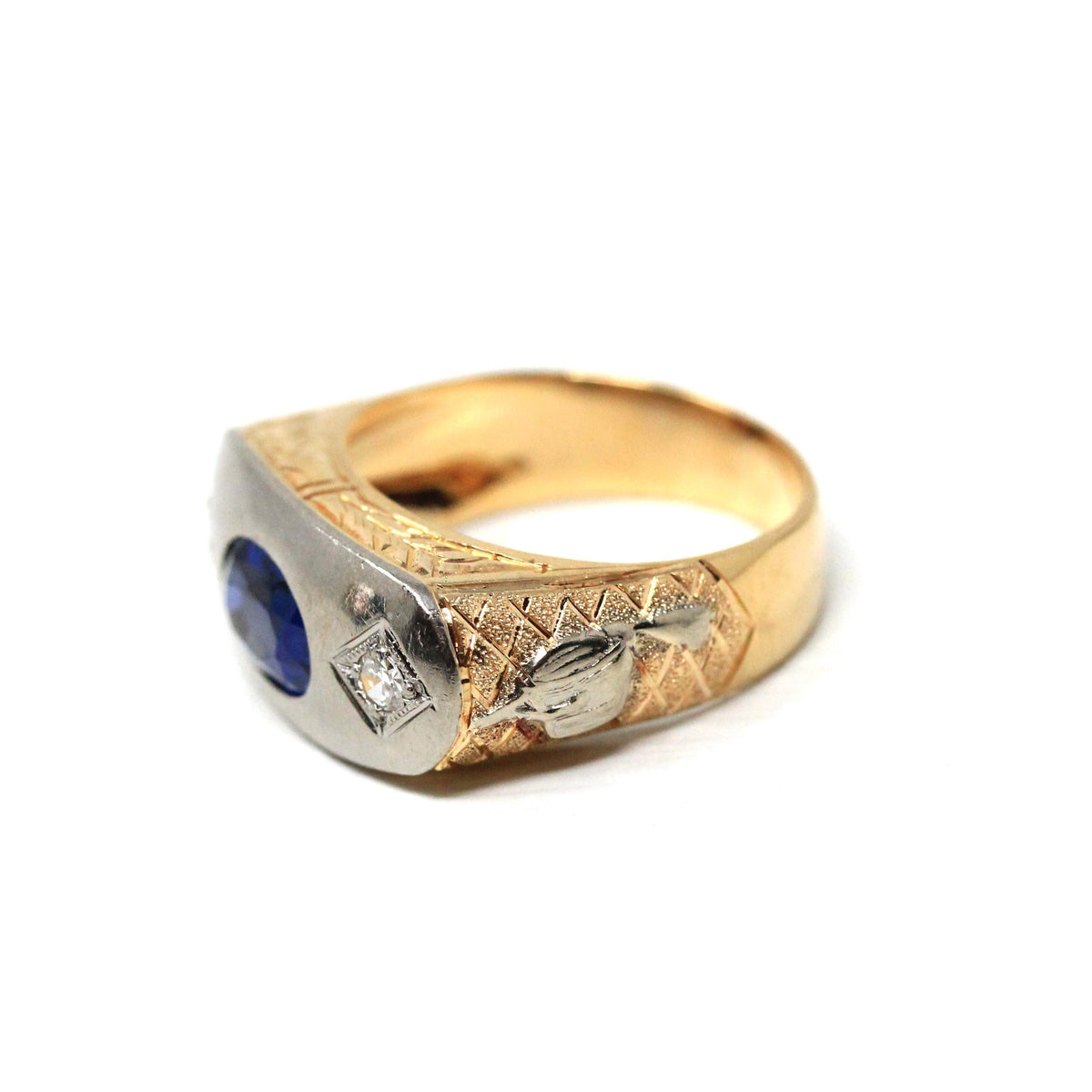 Art Deco Masonic Ring - 14k Rosy Yellow & White Gold Oval Created Sapphire Diamonds - Men's Size 8 Freemason Symbols Statement Fine Jewelry