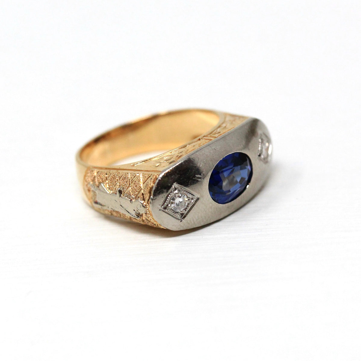 Art Deco Masonic Ring - 14k Rosy Yellow & White Gold Oval Created Sapphire Diamonds - Men's Size 8 Freemason Symbols Statement Fine Jewelry