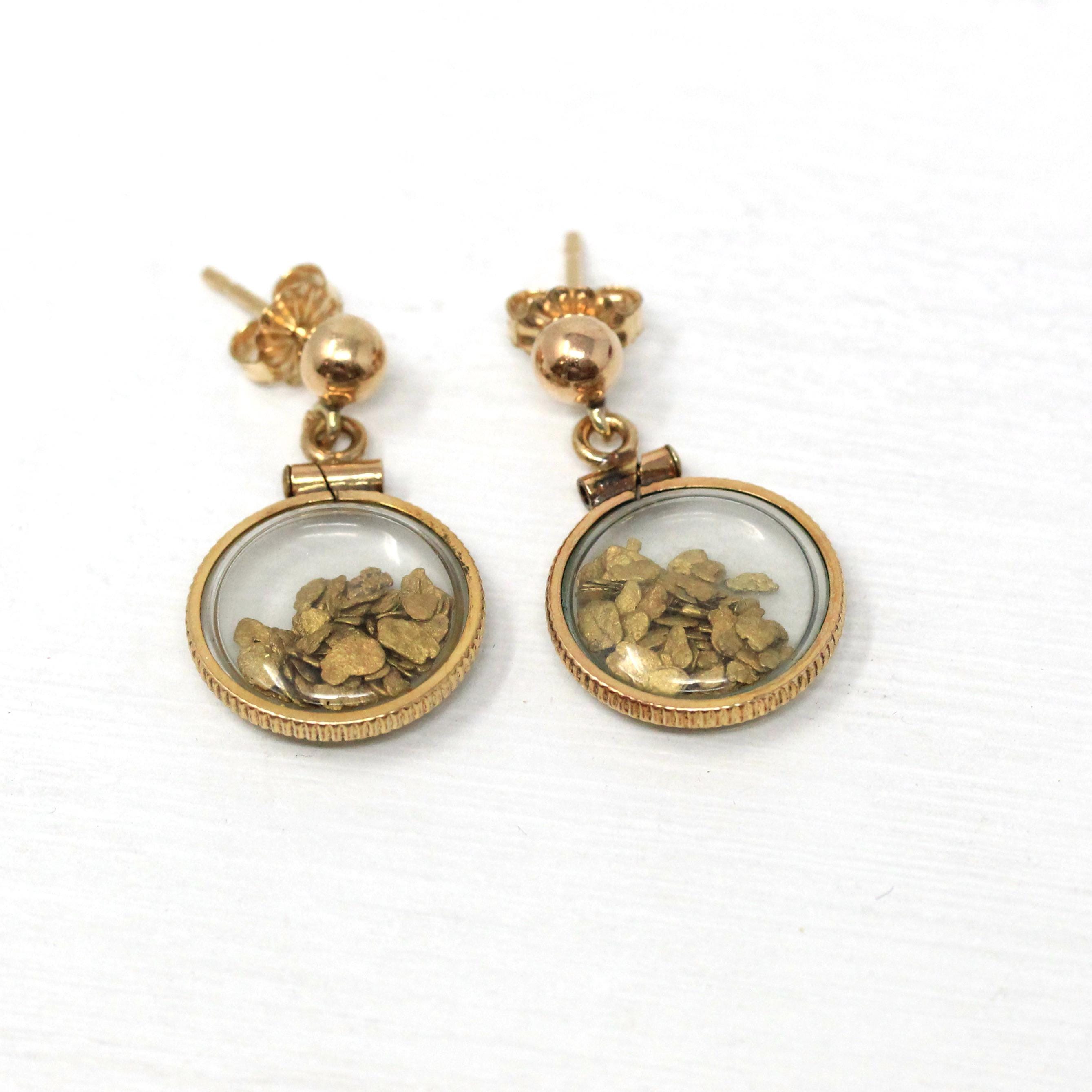 Gold Flake Earrings - Estate 14k Gold Filled Push Backs Posts - Vintage Circa 1980s Era Drop Dangle Alaskan Nugget Souvenir Fine Jewelry