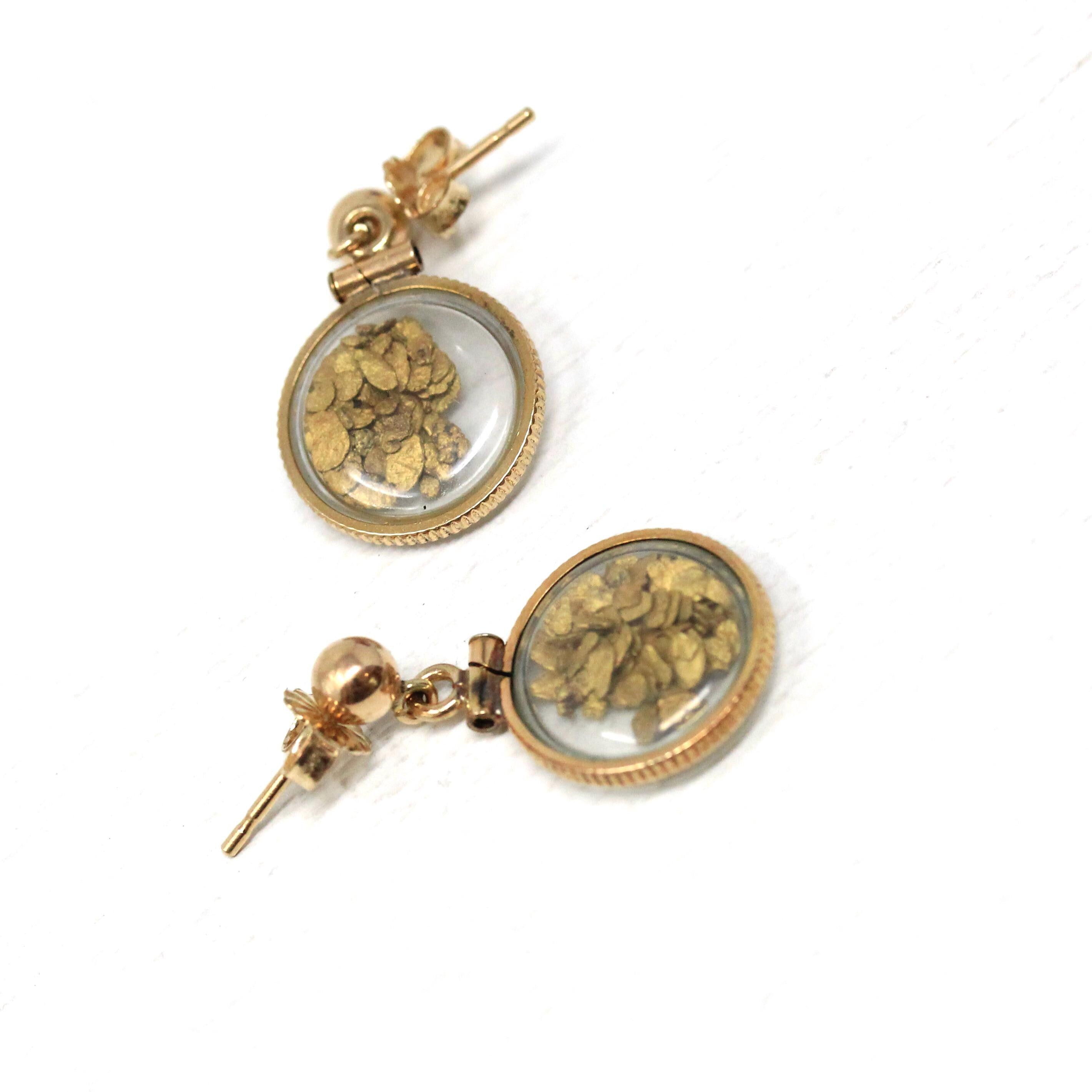 Gold Flake Earrings - Estate 14k Gold Filled Push Backs Posts - Vintage Circa 1980s Era Drop Dangle Alaskan Nugget Souvenir Fine Jewelry