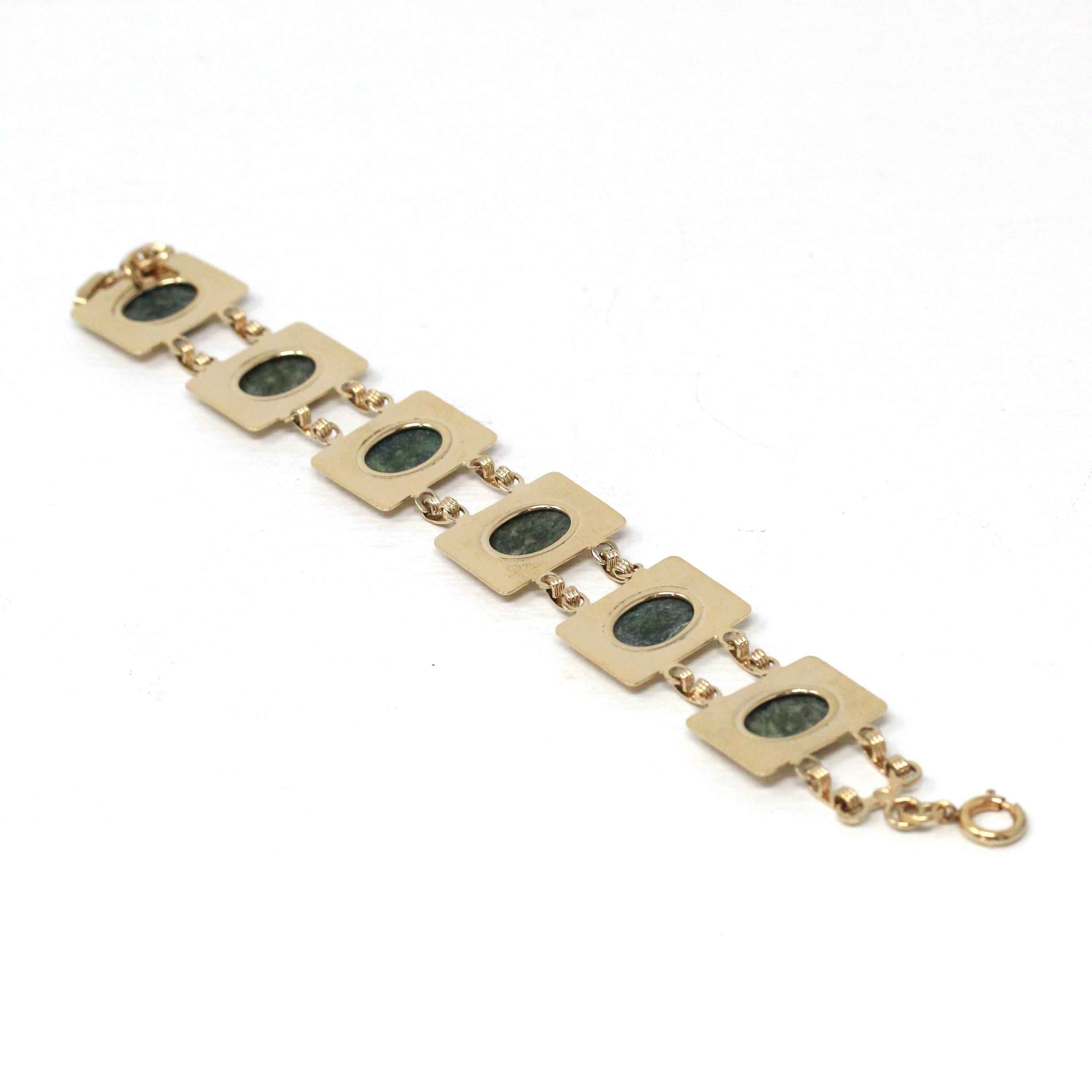 Nephrite Jade Bracelet - Retro 12k Gold Filled Genuine Oval Cabochon Cut Gemstones - Vintage 1960s Era 7 1/2 Inches Statement Panel Jewelry