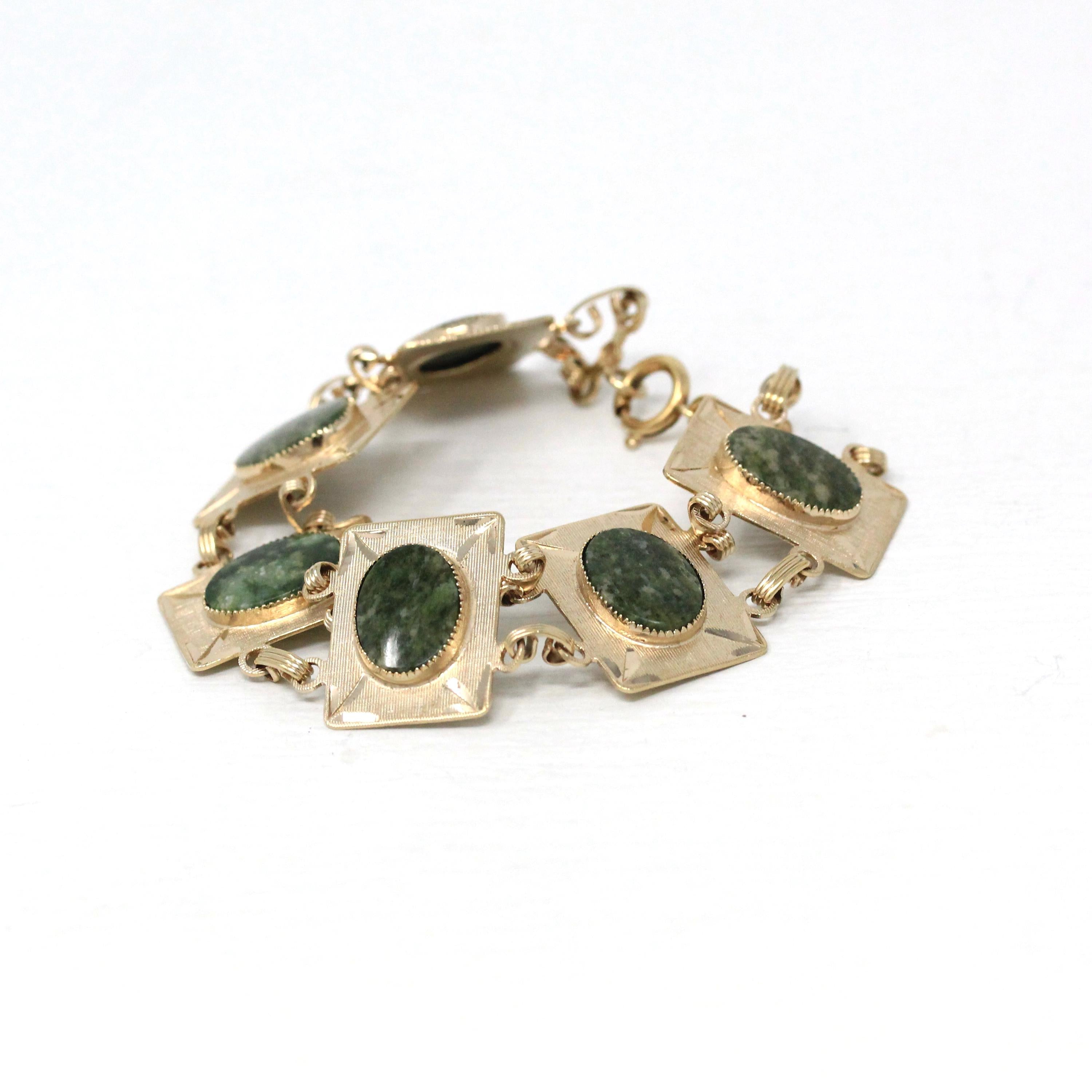 Nephrite Jade Bracelet - Retro 12k Gold Filled Genuine Oval Cabochon Cut Gemstones - Vintage 1960s Era 7 1/2 Inches Statement Panel Jewelry