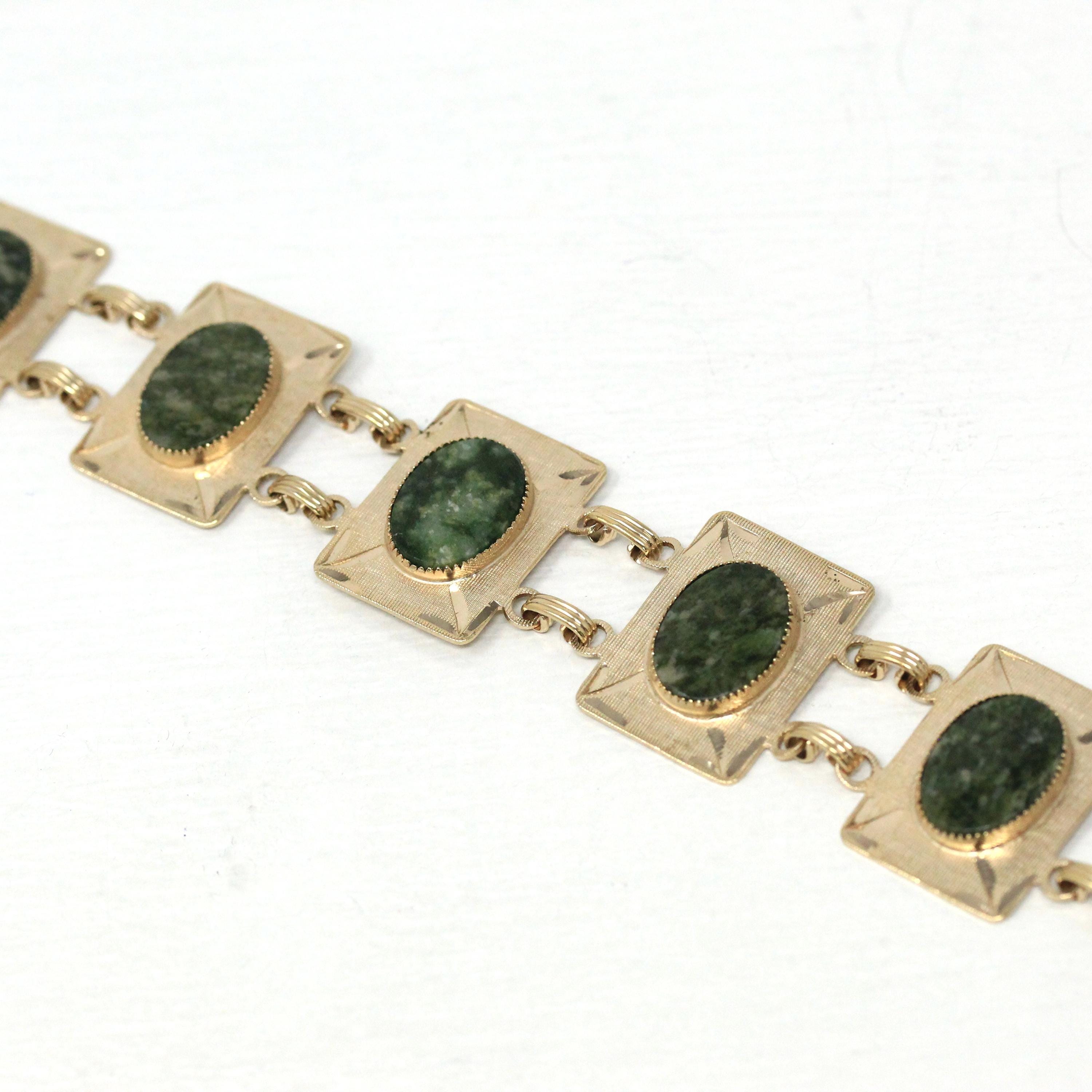 Nephrite Jade Bracelet - Retro 12k Gold Filled Genuine Oval Cabochon Cut Gemstones - Vintage 1960s Era 7 1/2 Inches Statement Panel Jewelry